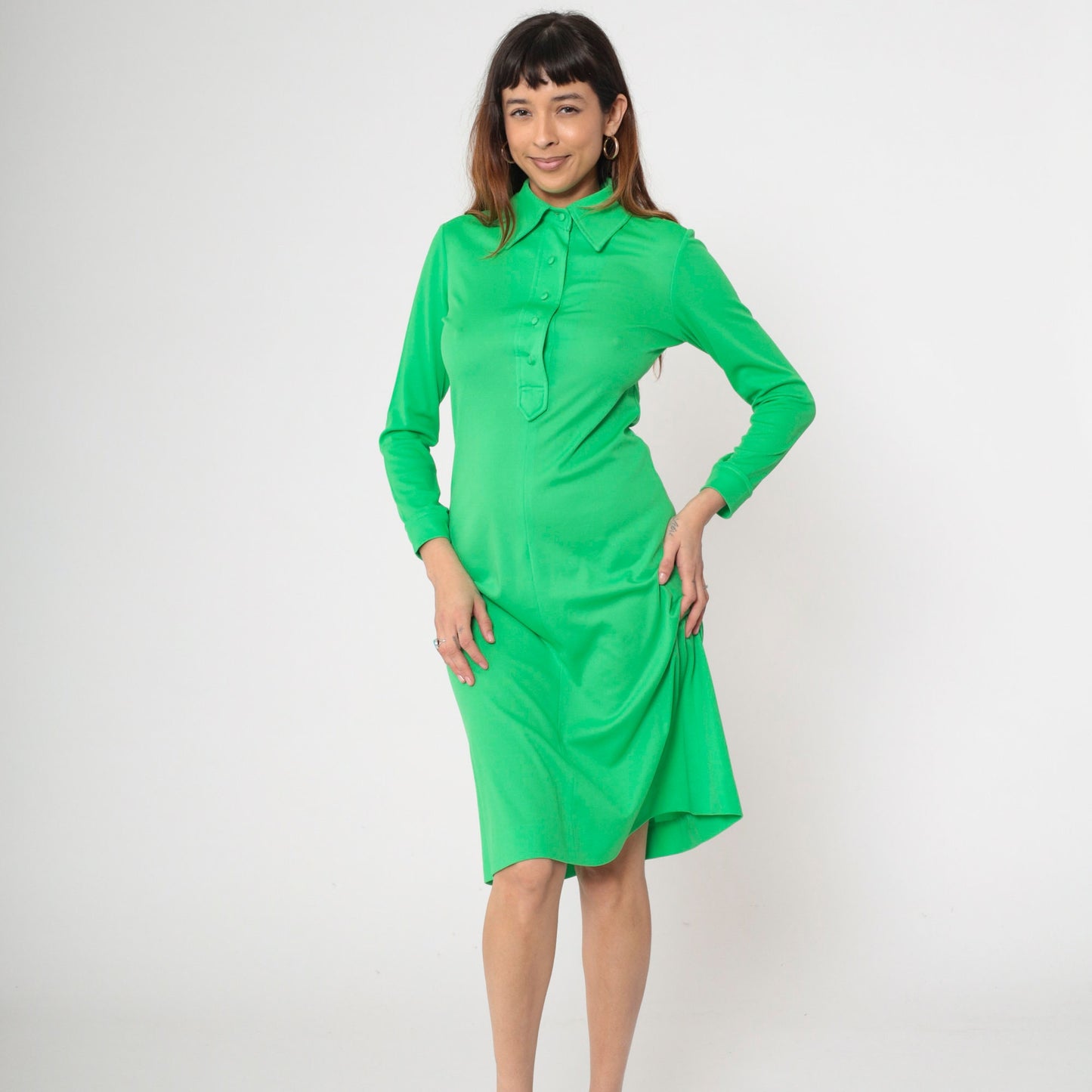 1970s Saks Fifth Avenue Lime Green Mod Shift Dress Collar Long Sleeve Small