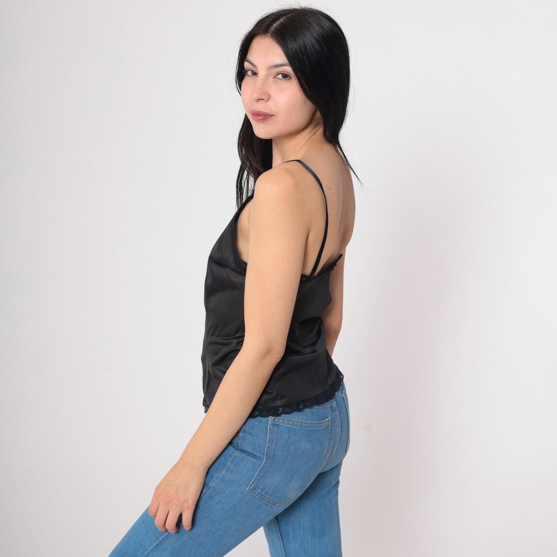 90s Black Camisole Lace Trim V-Neck Nylon Cami Top Small