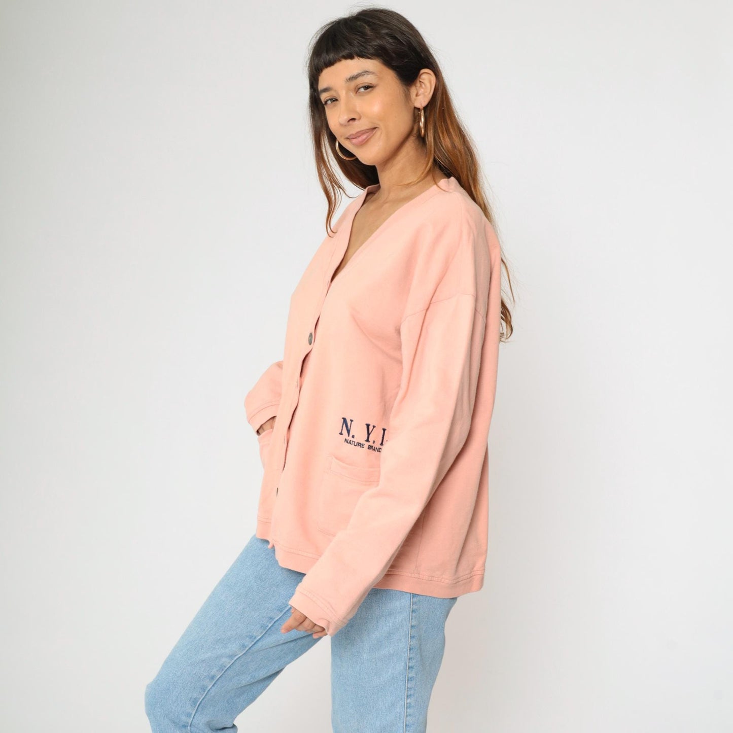 90s Peach Cardigan Sweatshirt N.Y.I. Nature Brand Button Up Cotton Large L