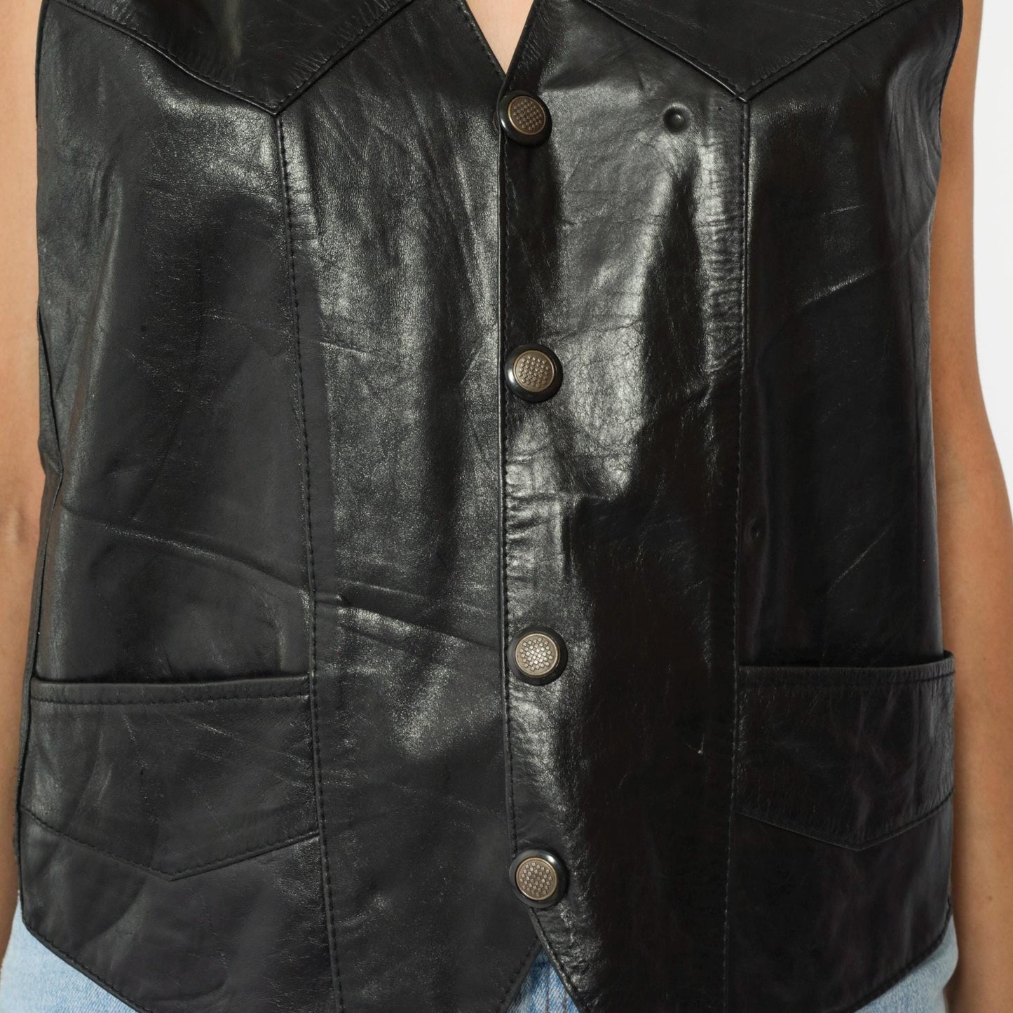 90s Black Leather Biker Vest Snap Front V Neck Sleeveless Medium