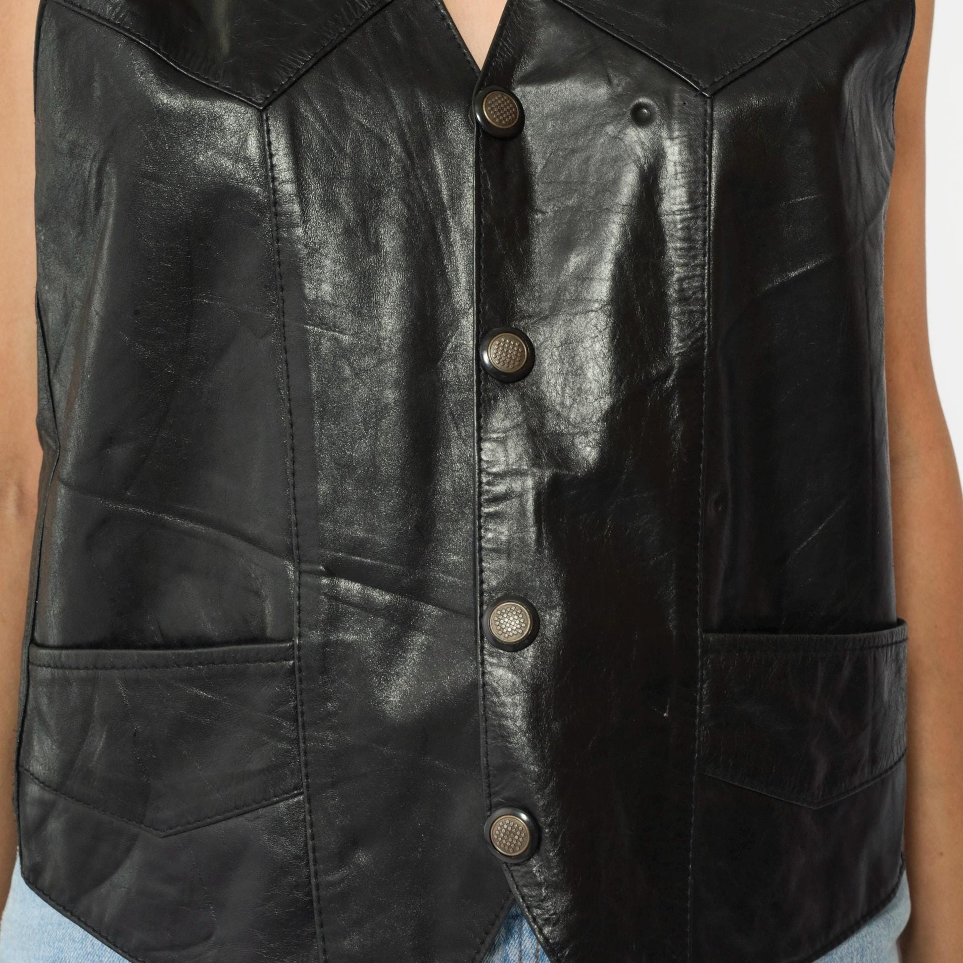 90s Black Leather Biker Vest Snap Front V Neck Sleeveless Medium