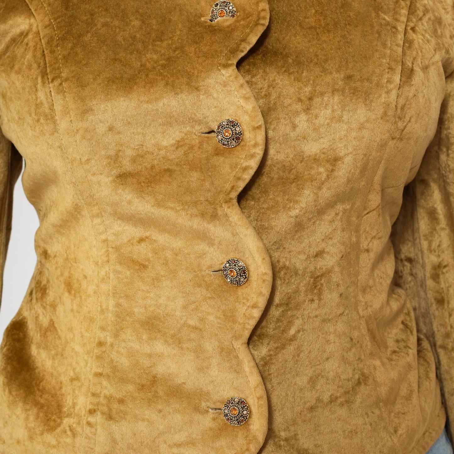 80s Betty Barclay Gold Velour Blouse Puff Sleeve Scalloped Button Medium