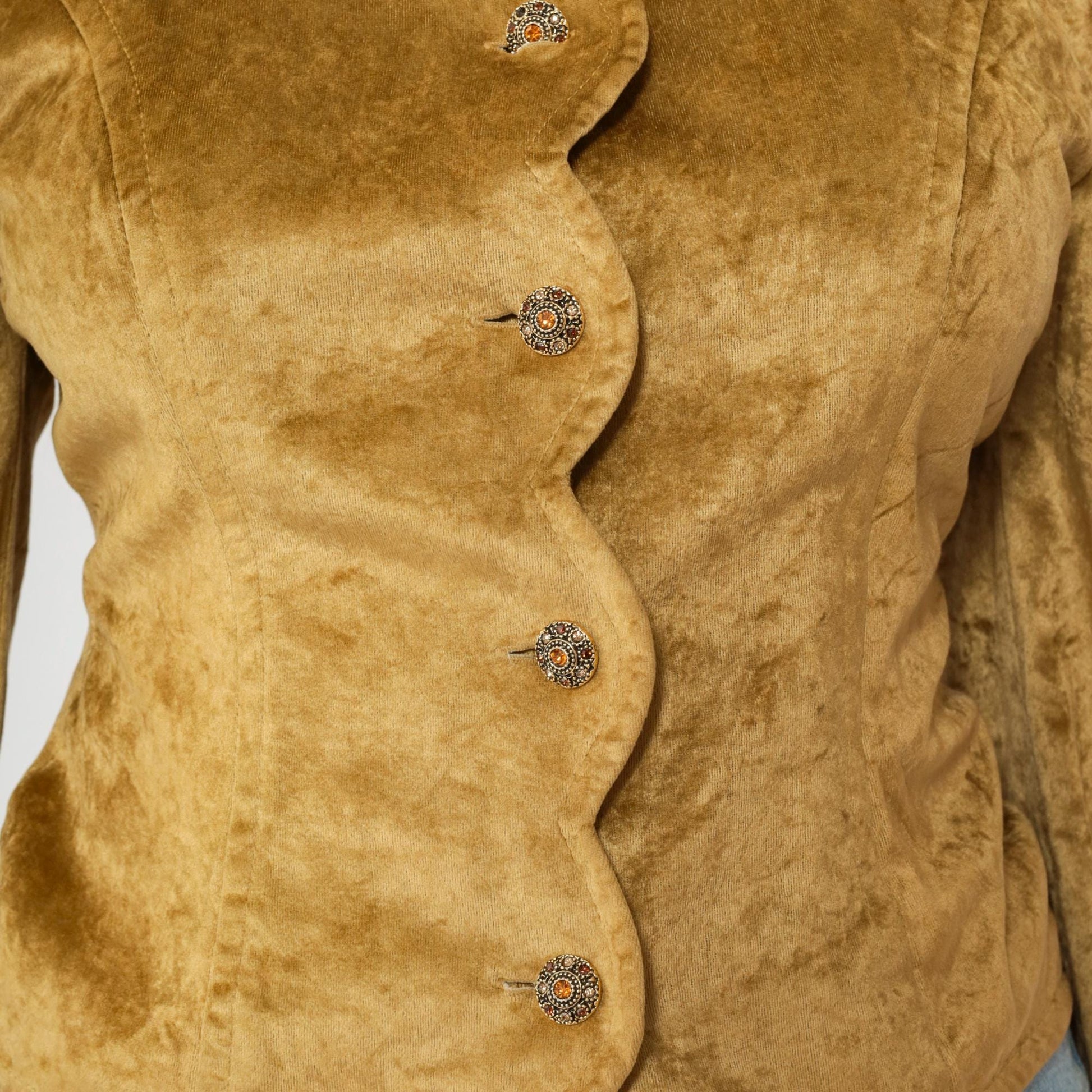 80s Betty Barclay Gold Velour Blouse Puff Sleeve Scalloped Button Medium