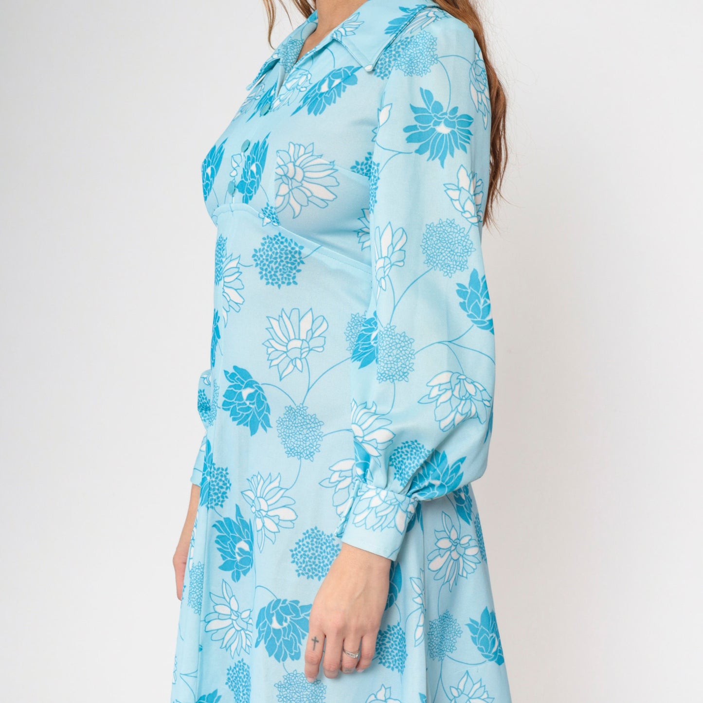70s Blue Floral Mini Dress Empire Waist Dagger Collar Long Sleeve Small