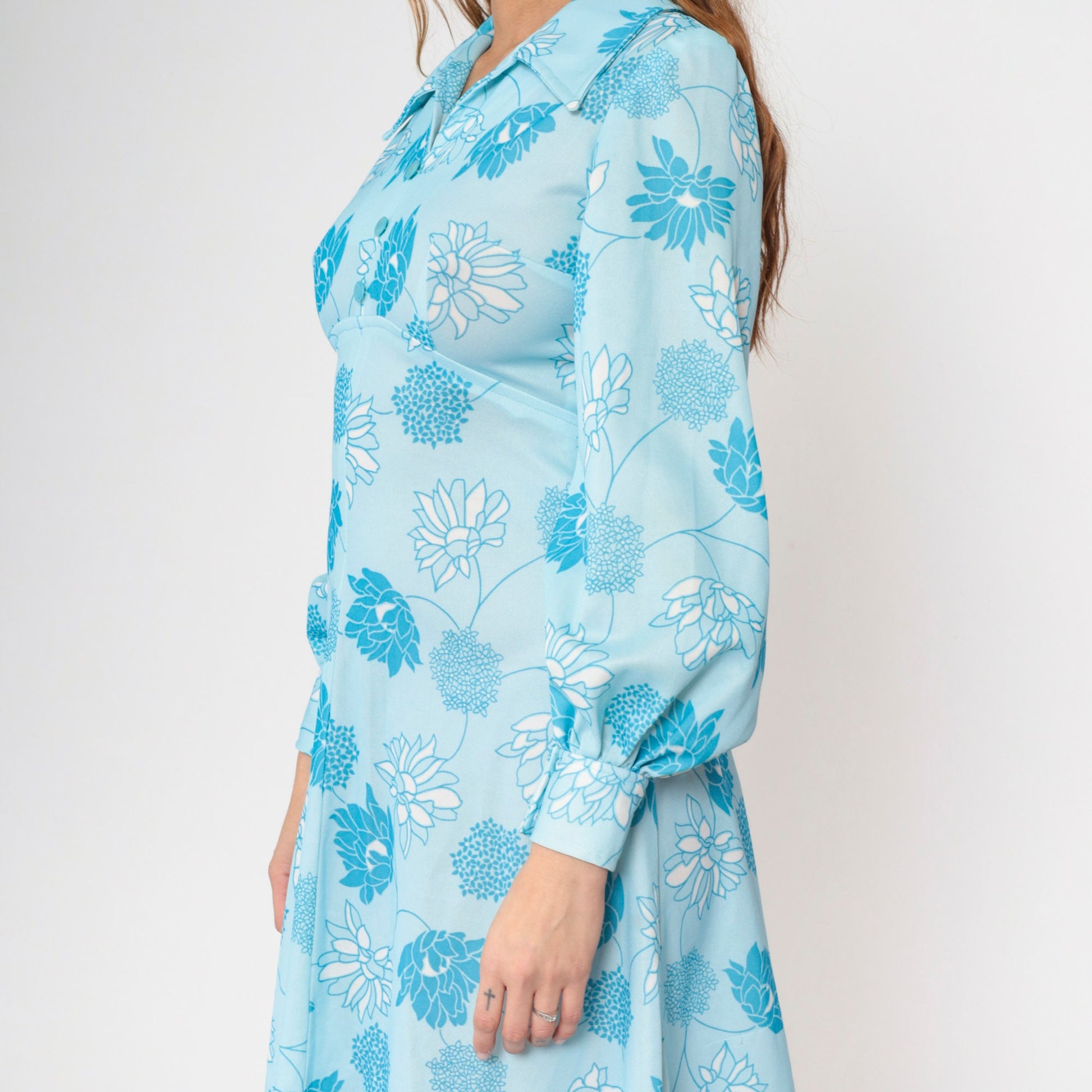 70s Blue Floral Mini Dress Empire Waist Dagger Collar Long Sleeve Small