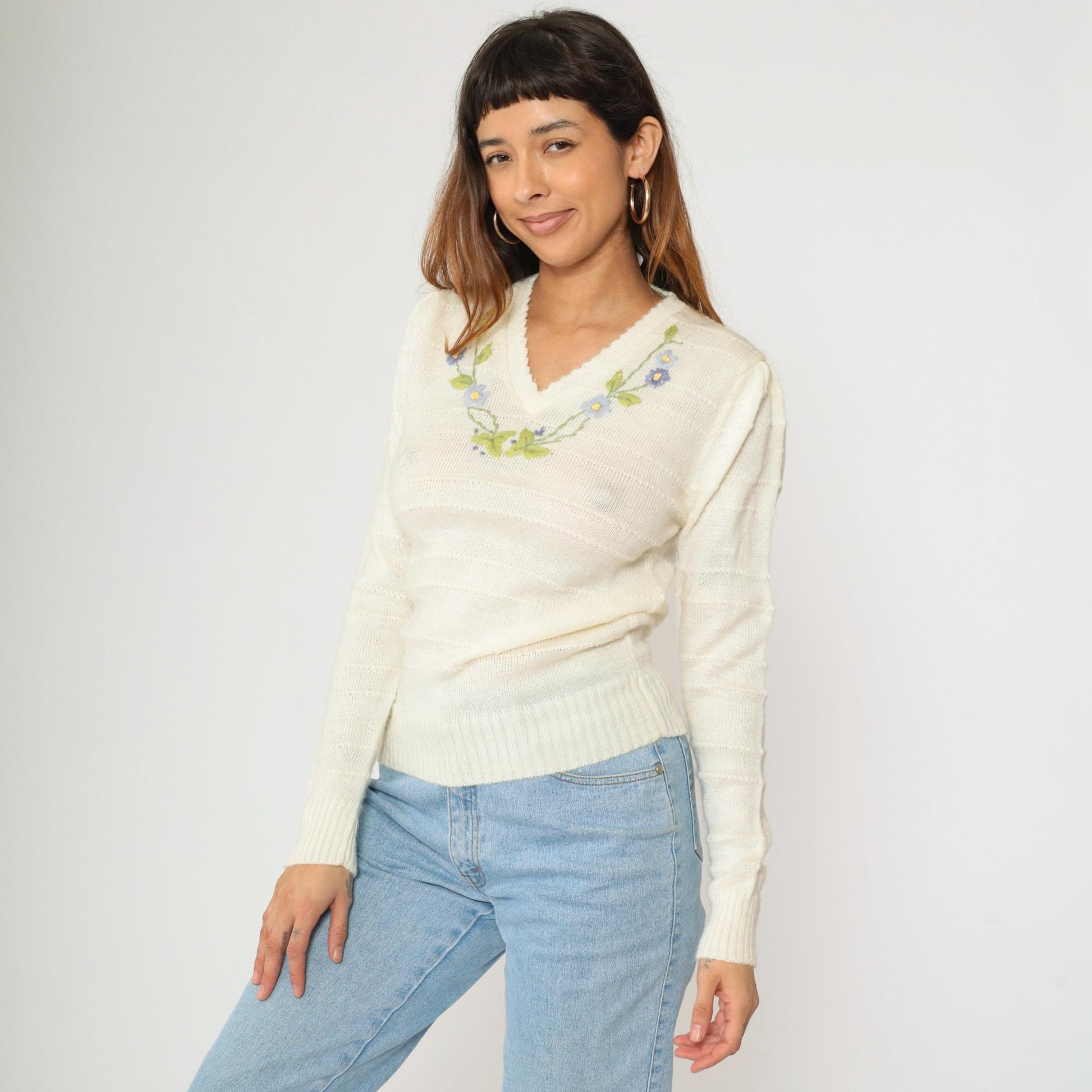 70s-80s Embroidered Floral Puff Sleeve Sweater Cream V-Neck Small