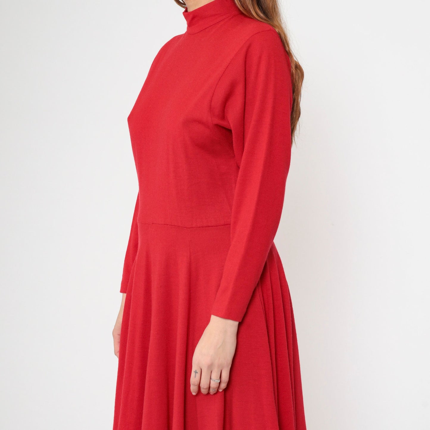 90s Karen Kane Red Wool Midi Dress Mock Neck Long Sleeve Small 4