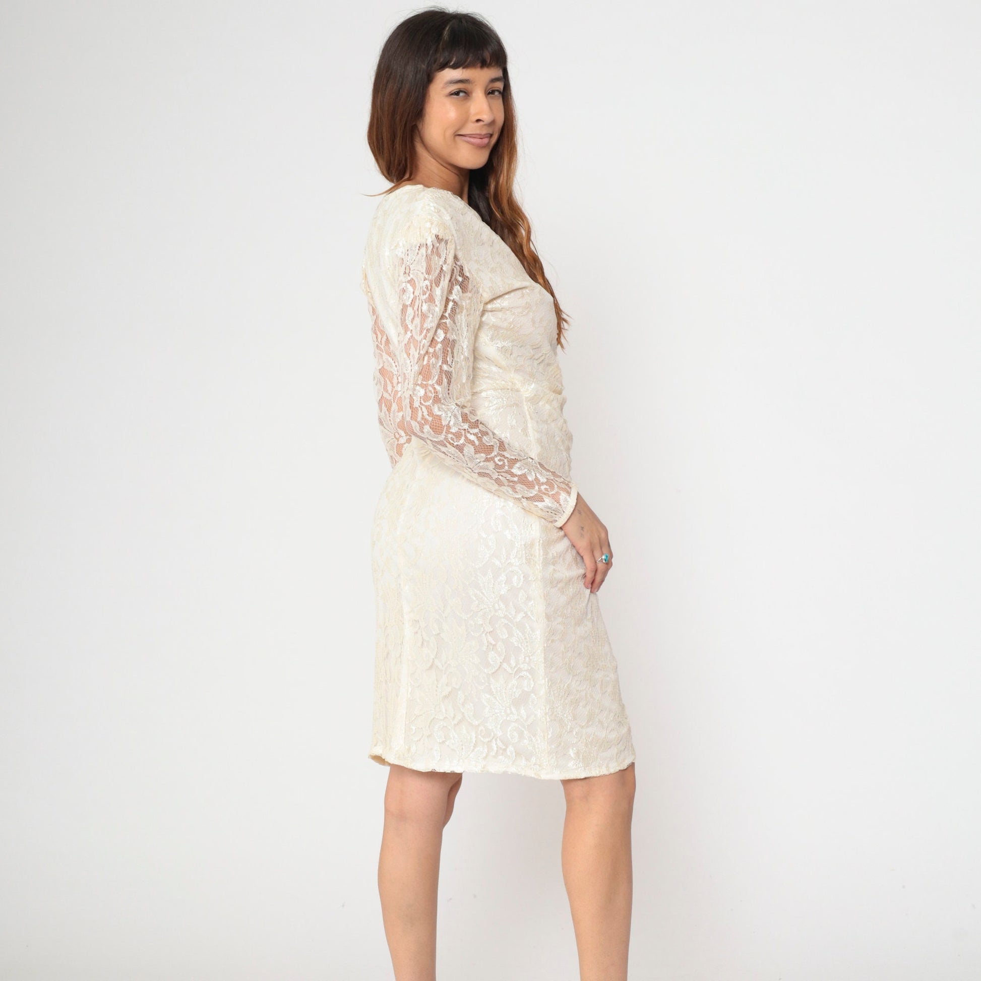 80s Ivory Lace Wrap Dress V-Neck Long Sleeve Sheath Knee-Length Small