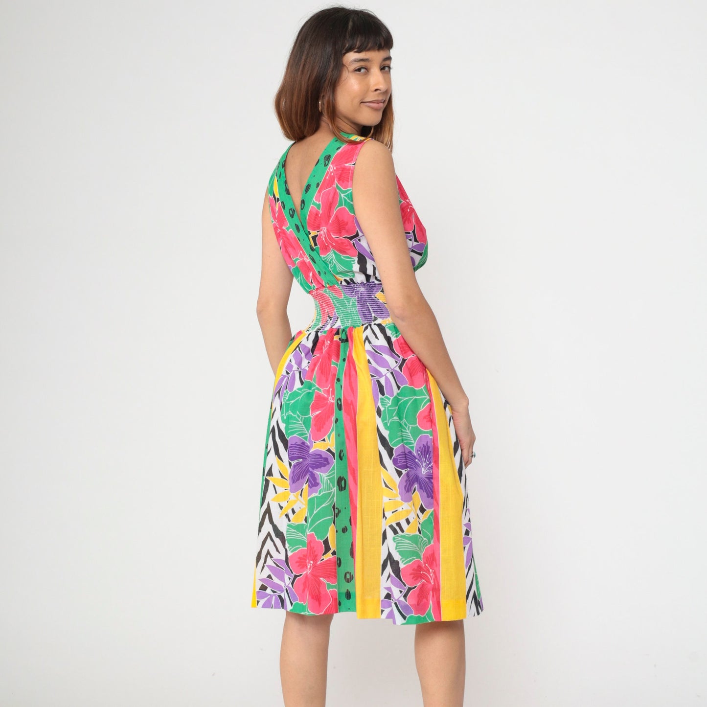 80s Melissa Lane Floral Stripe Midi Dress Smocked Waist V-Neck Small Medium
