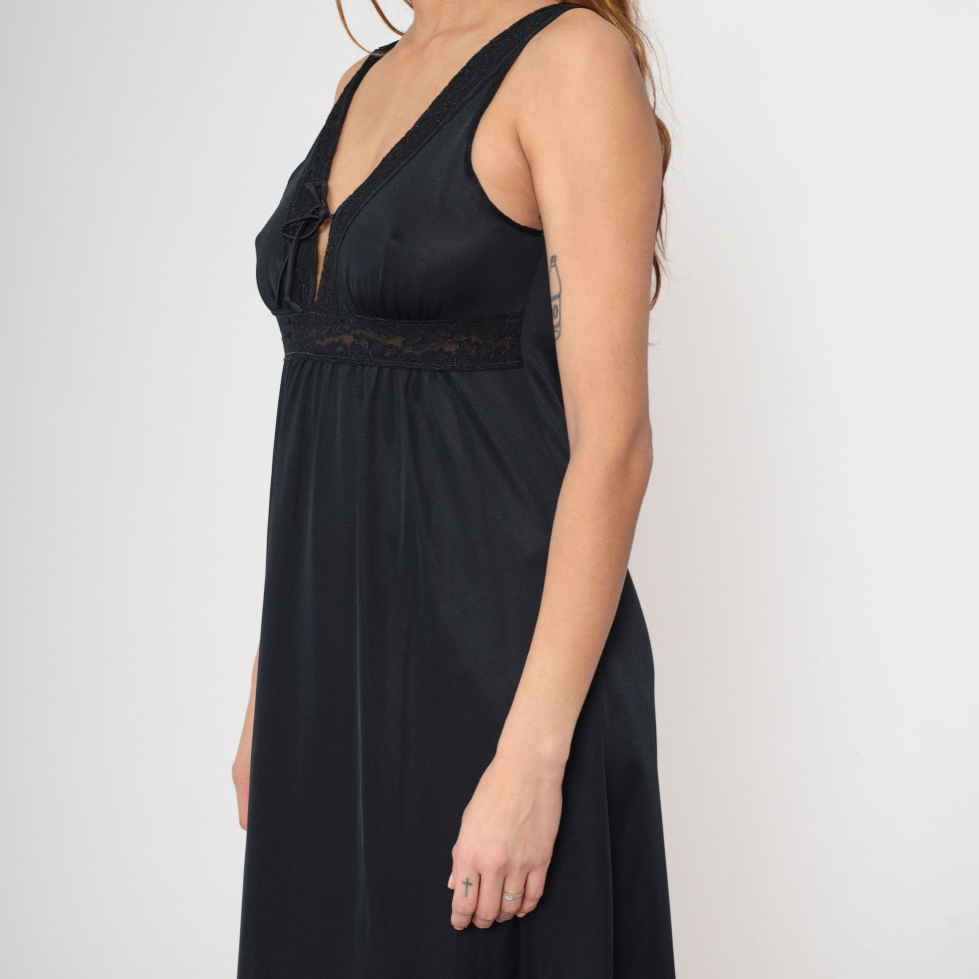 70s Black Nylon Maxi Slip Dress Empire Waist V Neck Lace Trim Medium