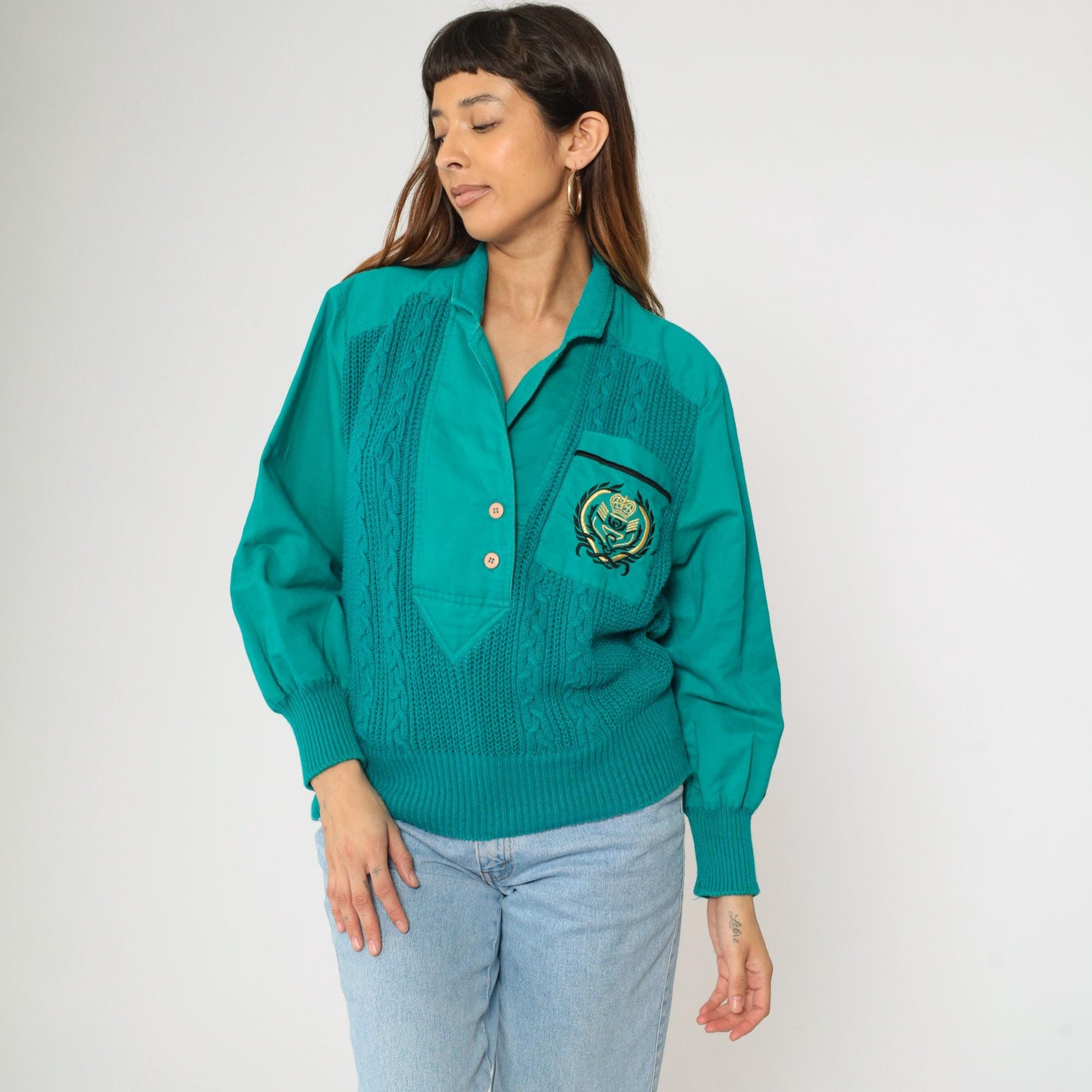 90s Teal Cable Knit Sweater Blouse Chest Pocket Ramie Cotton Medium