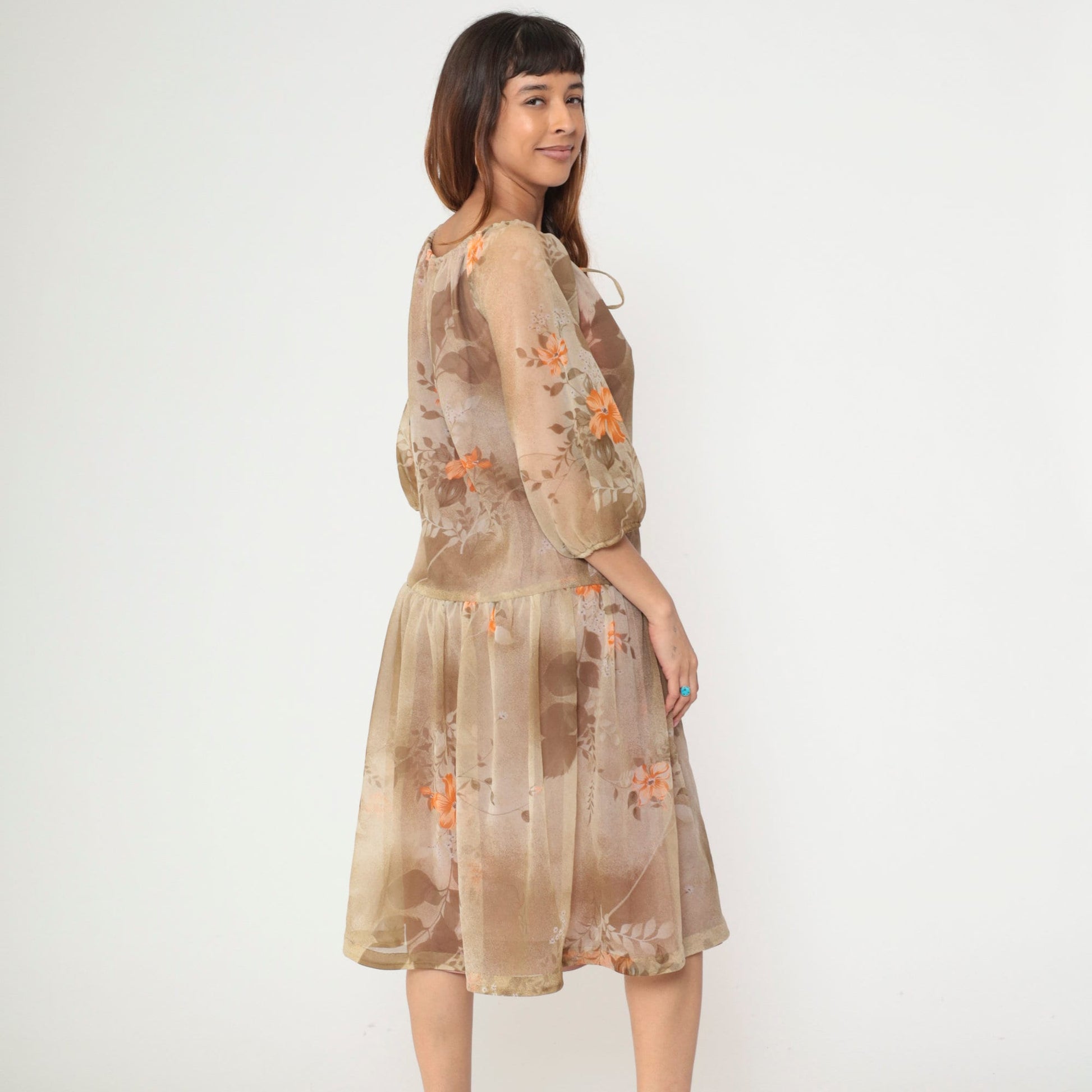 70s Brown Floral Midi Dress Keyhole Bow Neckline Drop Waist Medium