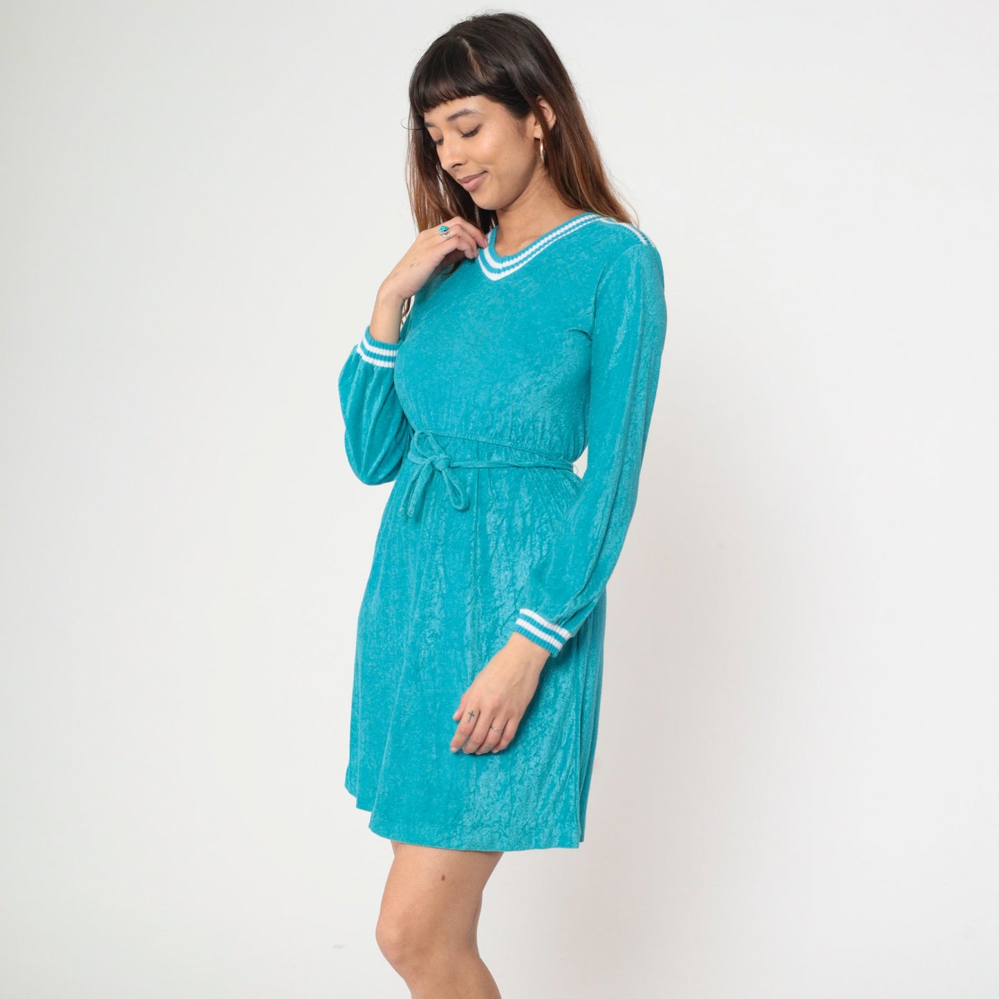 70s Turquoise Terry Cloth Mini Dress V-Neck Long Sleeve Elastic Waist Extra Small