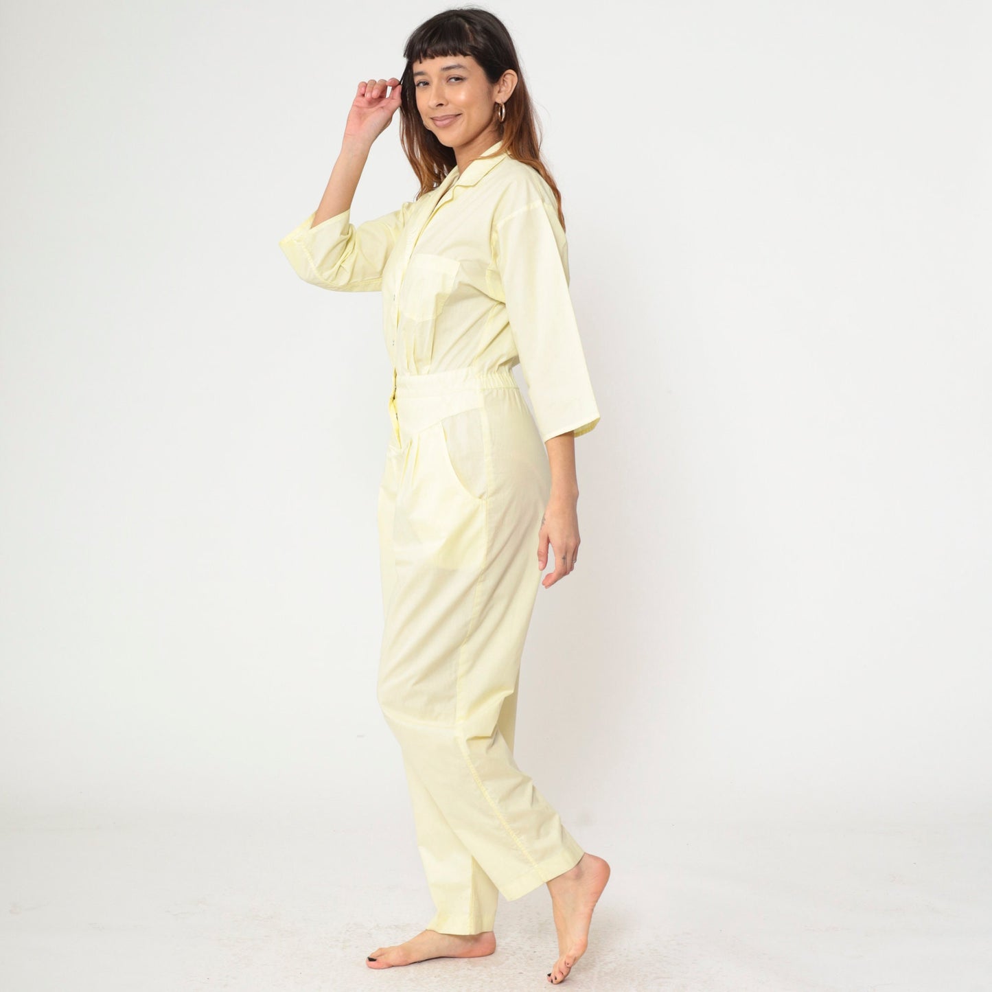 80s Yellow Jumpsuit Snap Button Tapered Leg Basque Waist Chest Pocket Medium