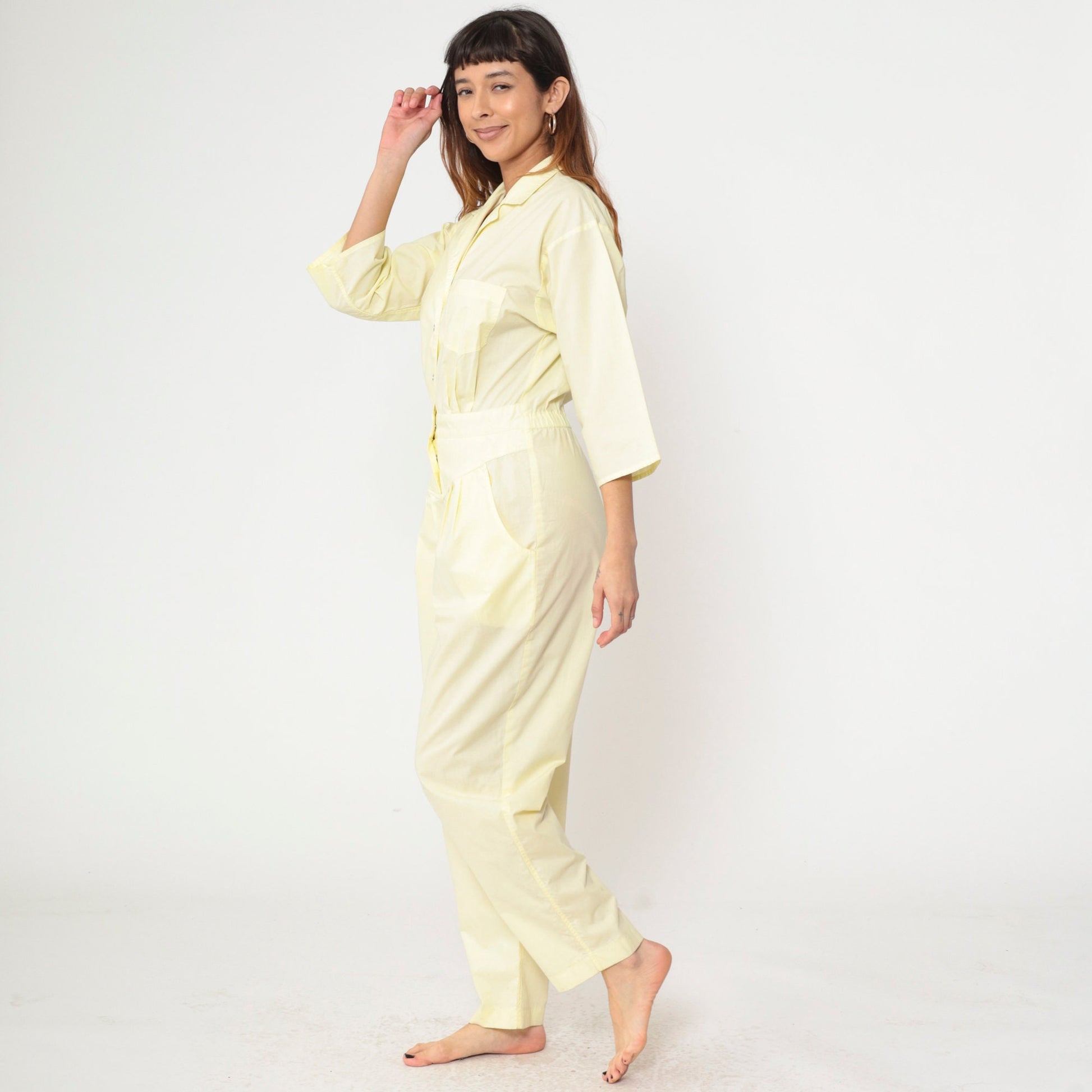 80s Yellow Jumpsuit Snap Button Tapered Leg Basque Waist Chest Pocket Medium