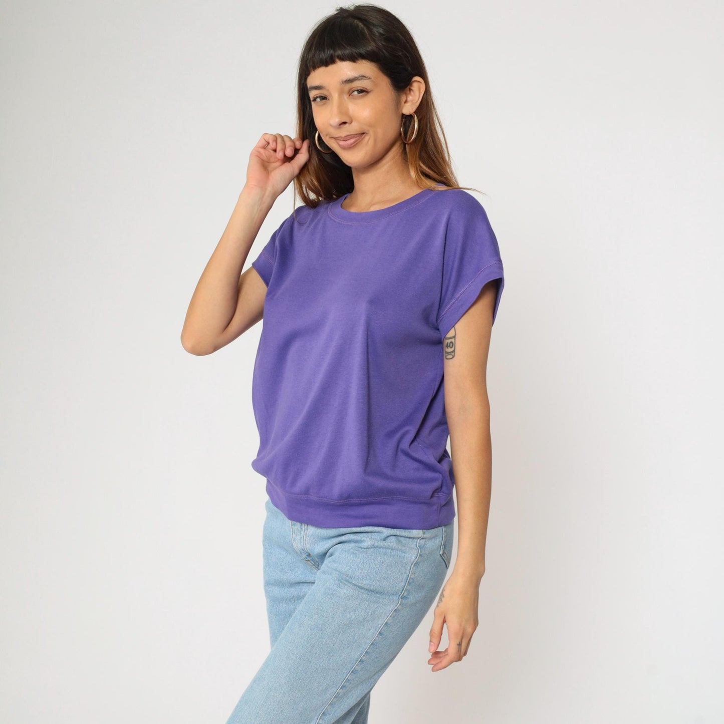 90s Purple T-Shirt Dolman Sleeve Banded Hem Slouchy Fit Large
