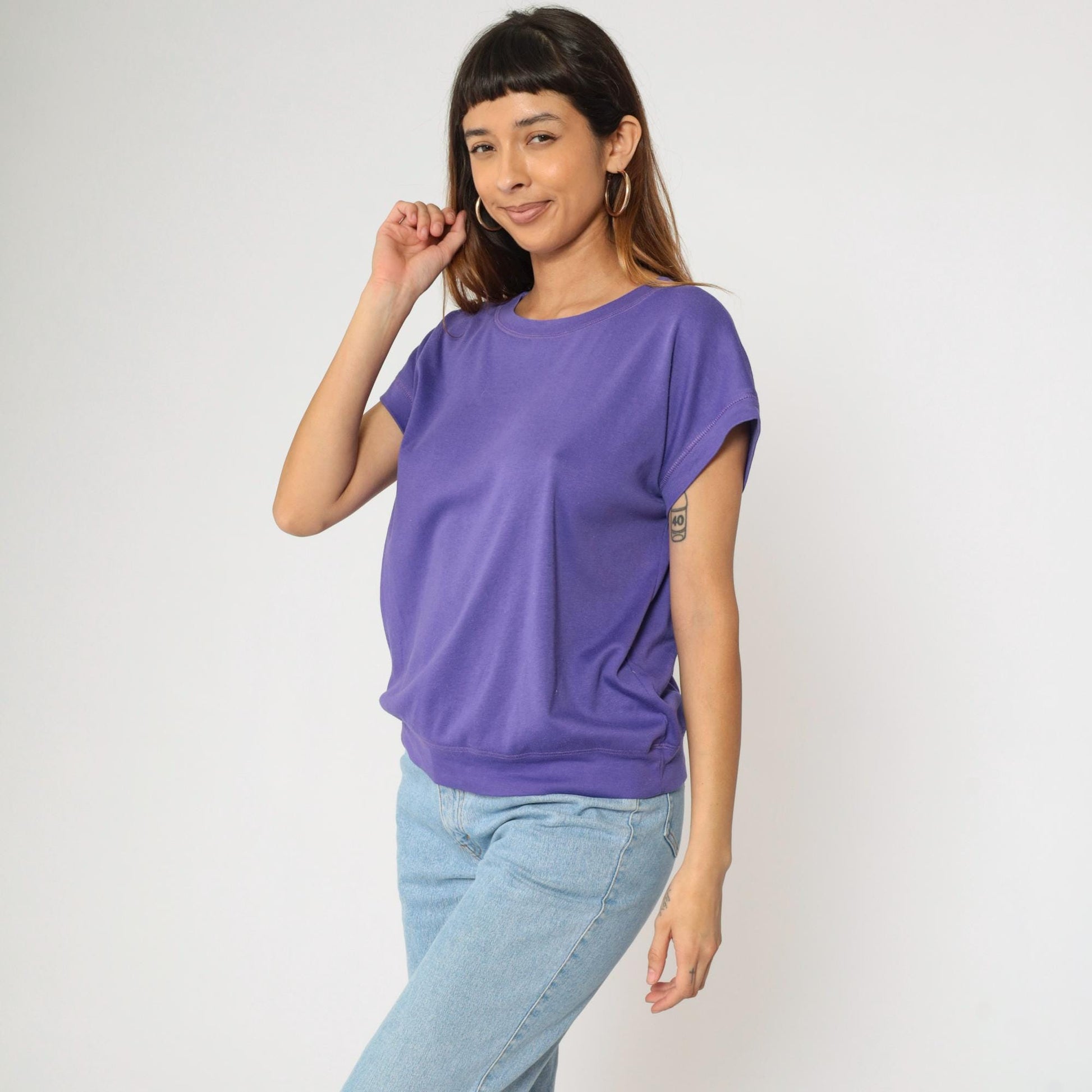 90s Purple T-Shirt Dolman Sleeve Banded Hem Slouchy Fit Large