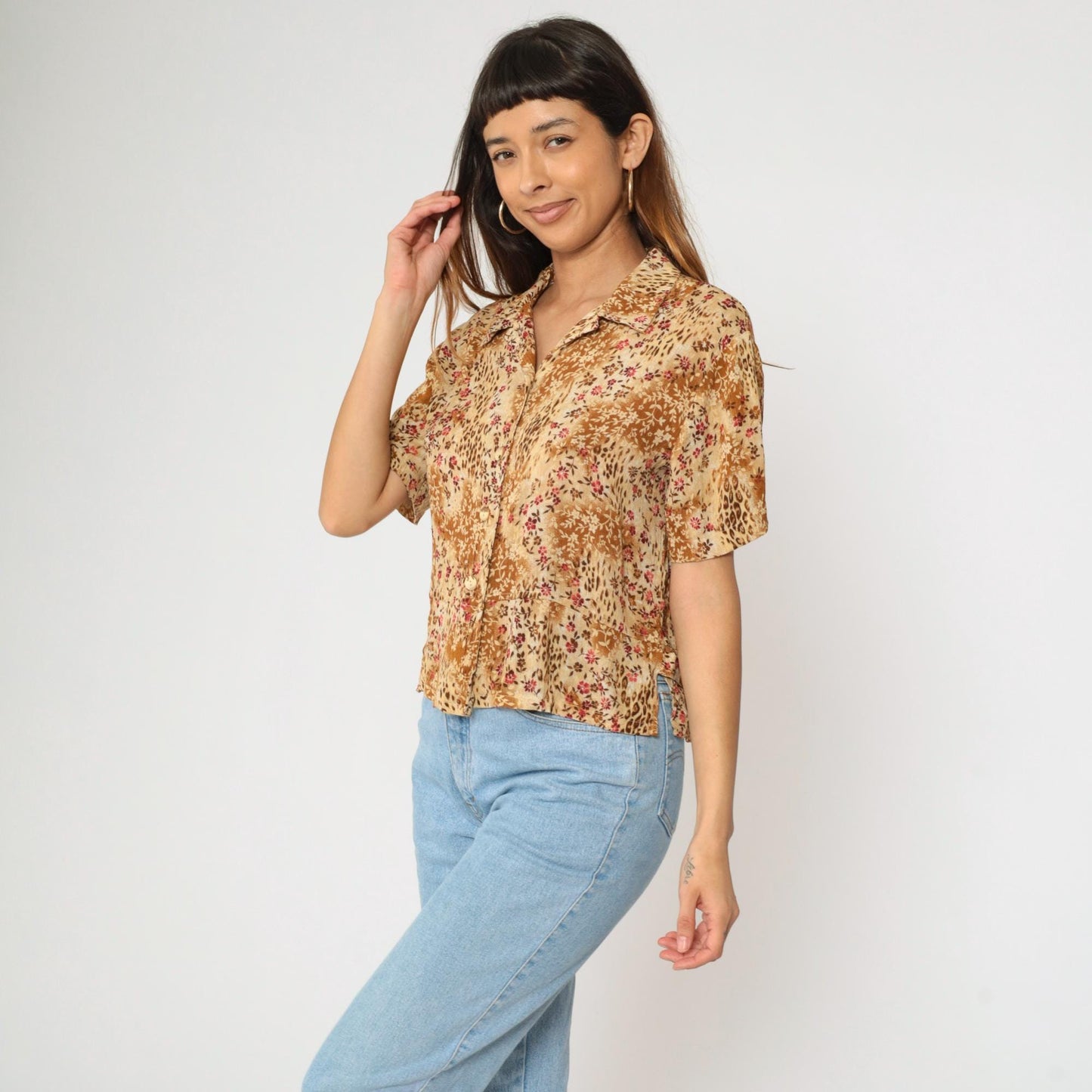 90s Kathie Lee Leopard Floral Button Up Blouse Tan Brown Short Sleeve Medium