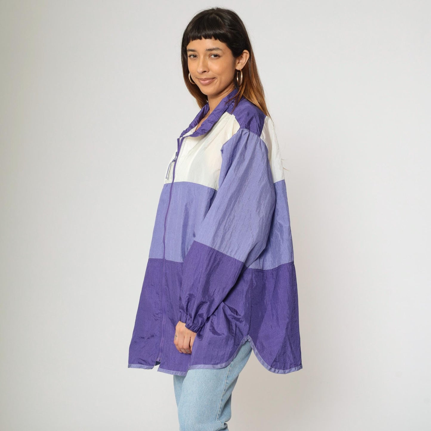 90s Purple White Colour Block Windbreaker Jacket Nylon Zip Plus Size XXL