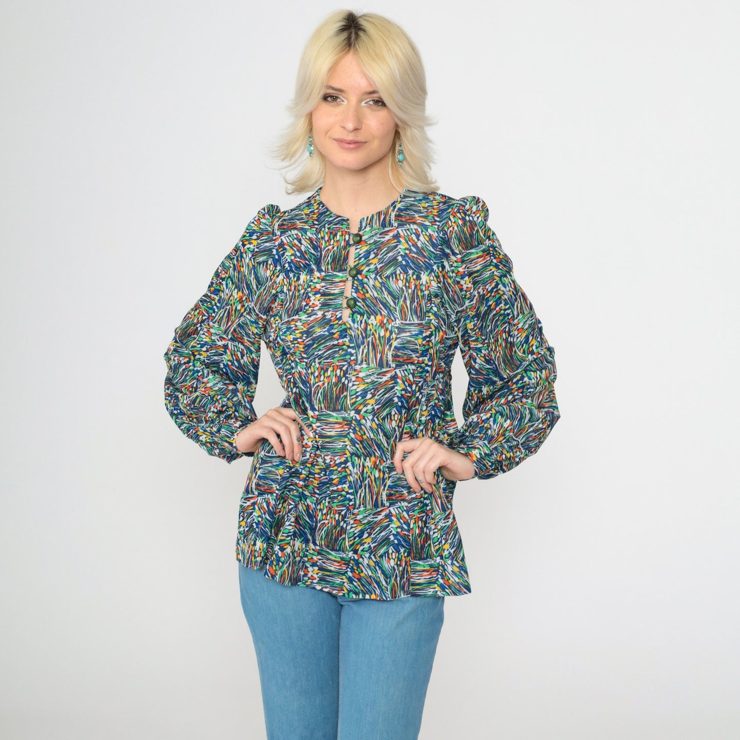 70s Blue Abstract Floral Puff Sleeve Button Up Blouse Small
