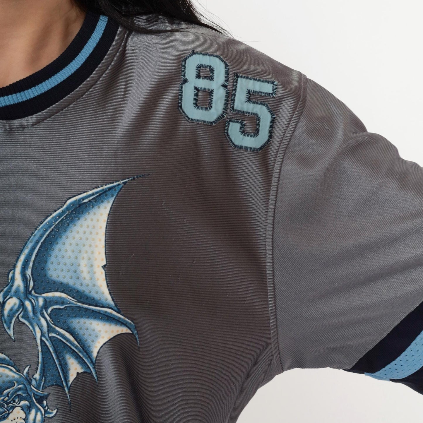 Y2K JNCO Winged Sabertooth Gargoyle Jersey Grey Blue V-Neck Small S