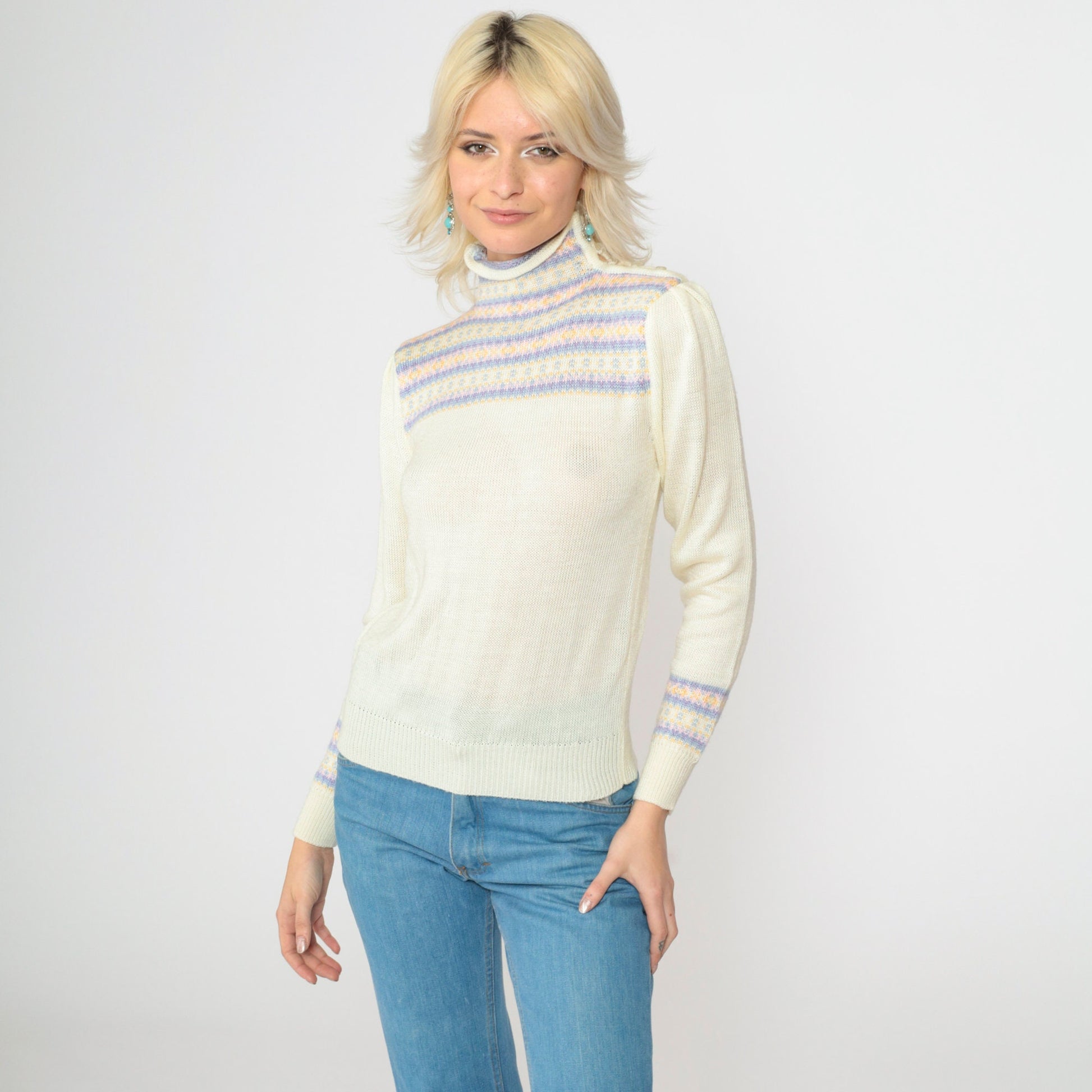80s Fair Isle Sweater Ivory Puff Sleeve High Neck Knit Pullover Extra Small