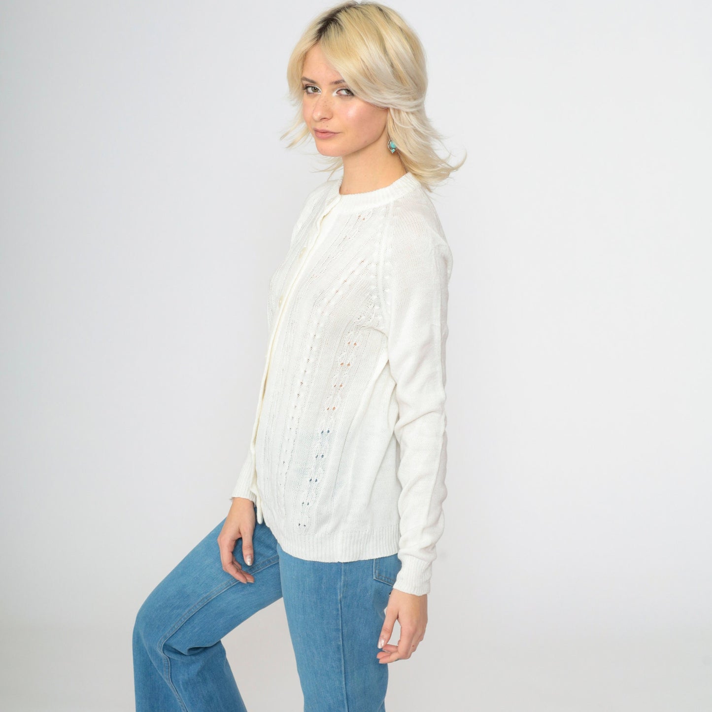 70s White Pointelle Cardigan Open Weave Knit Button Up Raglan Medium