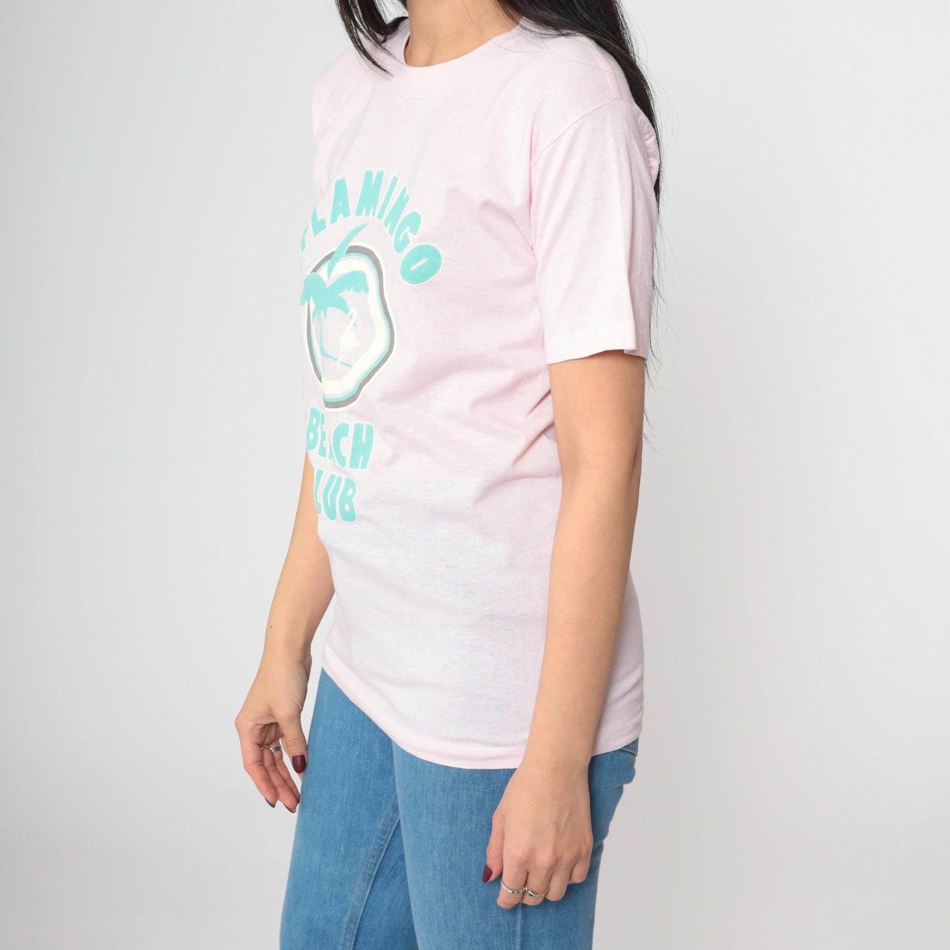 80s Pink Flamingo Beach Club Graphic Tee Single Stitch Crewneck Extra Small