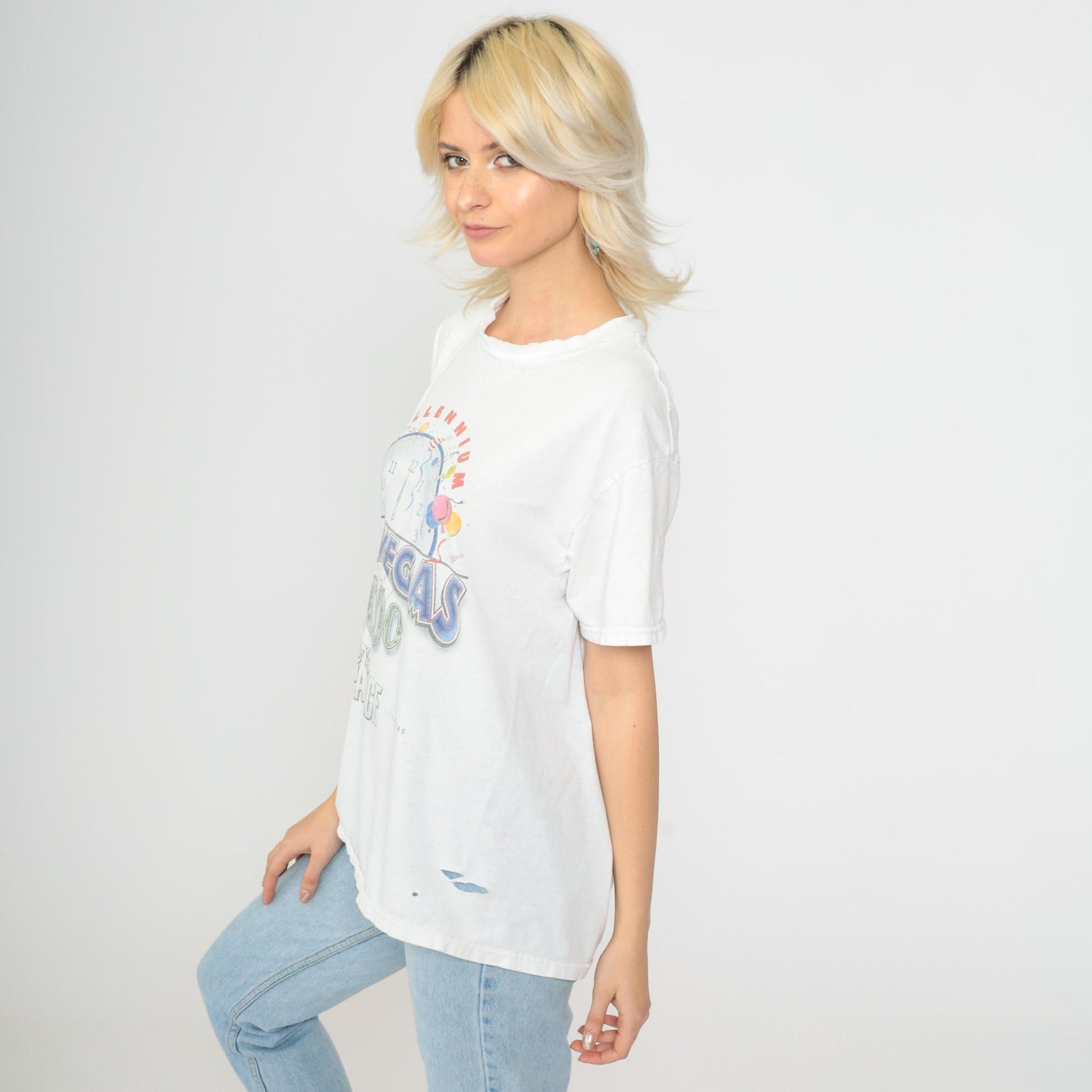 Y2K Las Vegas Nevada Palace Millennium Graphic Tee Distressed Cotton Medium