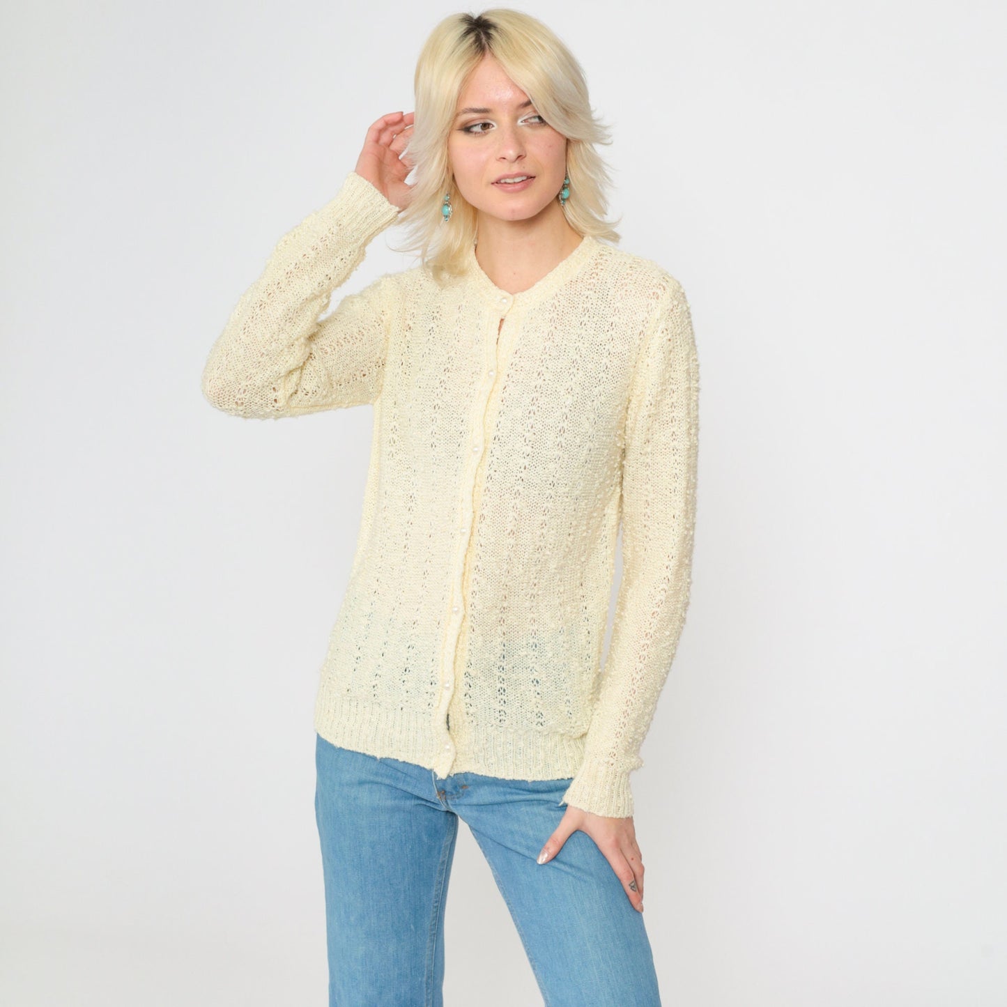 80s Le Roy Knitwear Pale Yellow Cardigan Pearl Buttons Pointelle Knit Small