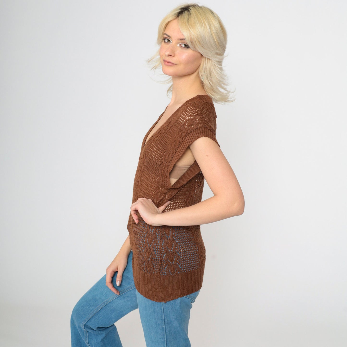 80s Brown Sheer Knit Sweater Vest V-Neck Cap Sleeve Extra Small