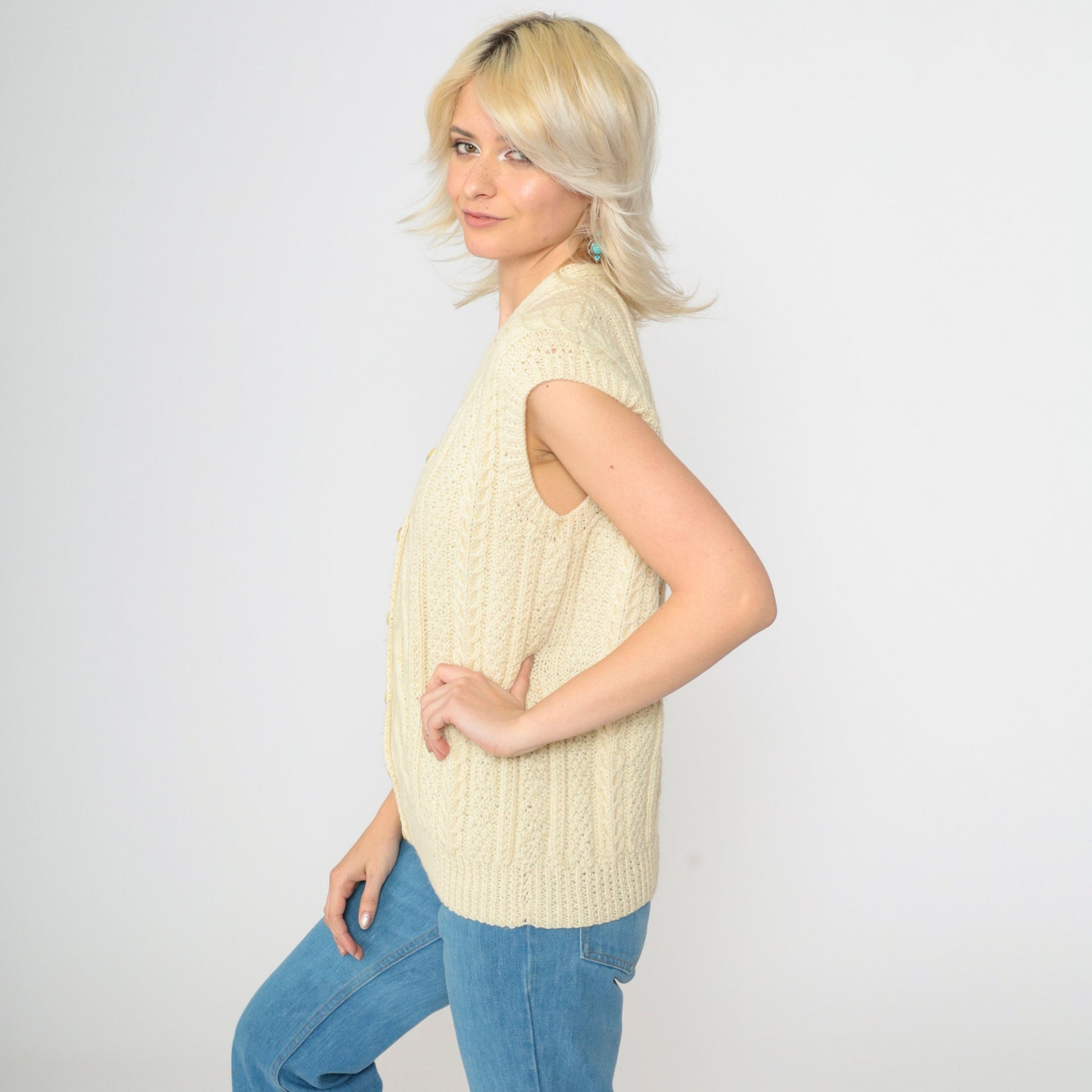 70s Cream Cable Knit Sweater Vest V Neck Button Front Wool Blend Small