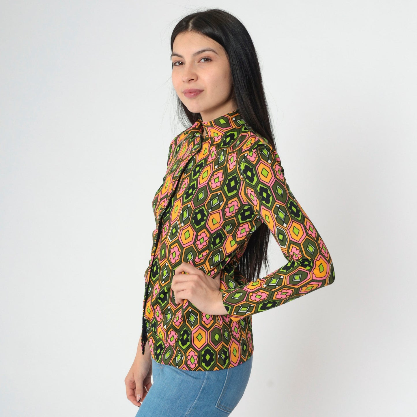 70s Psychedelic Floral Blouse Mandarin Collar Olive Green Pink Orange Small