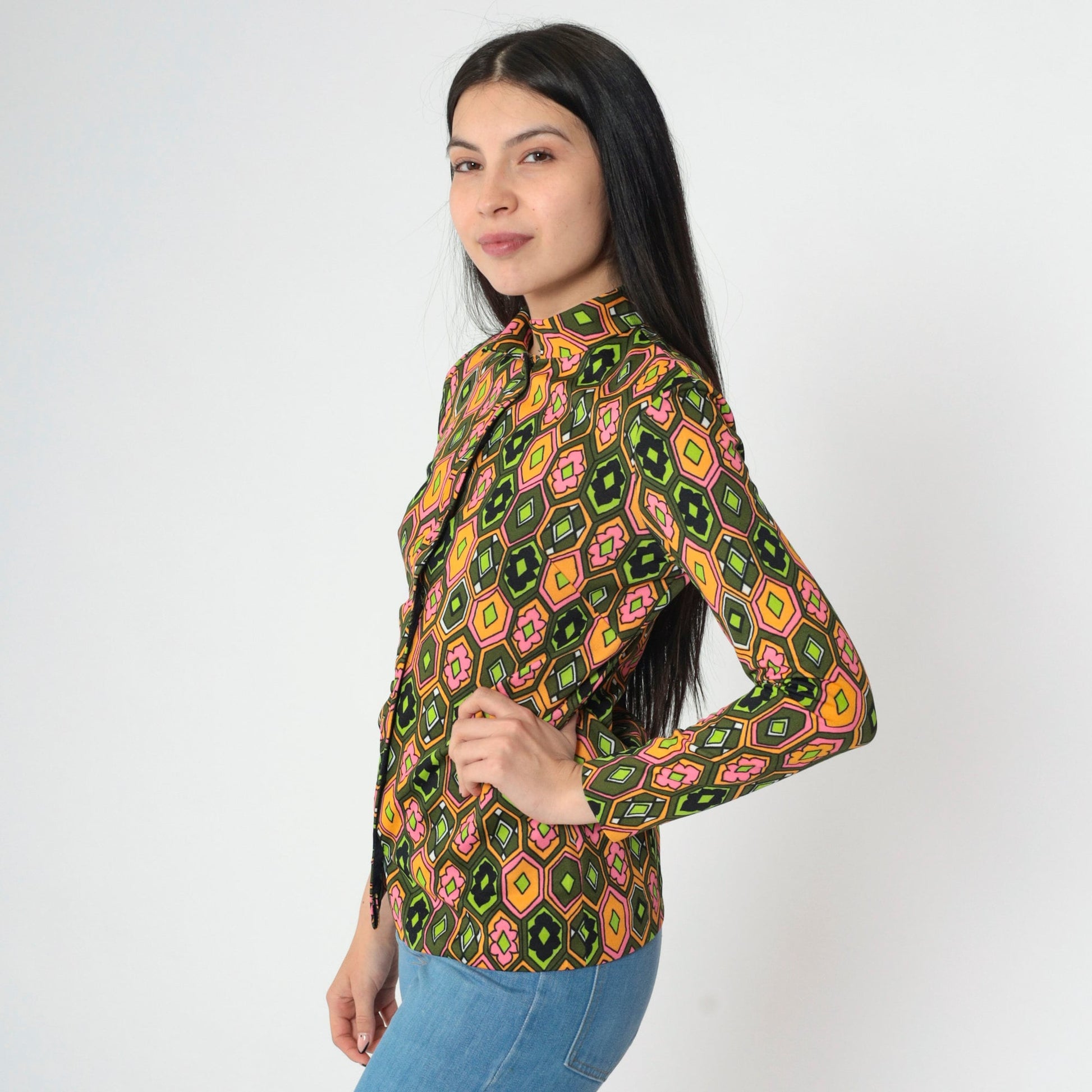 70s Psychedelic Floral Blouse Mandarin Collar Olive Green Pink Orange Small