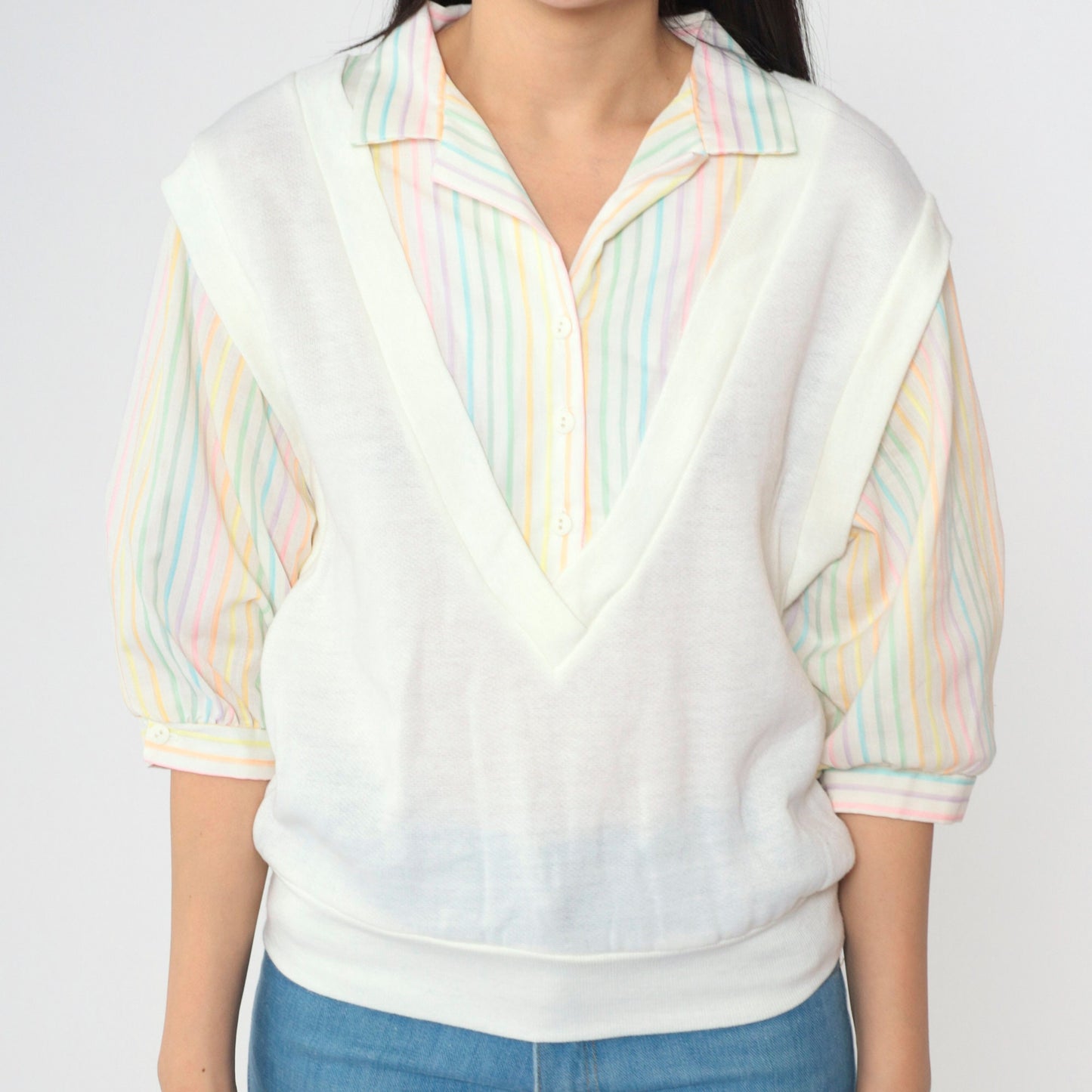 80s Rainbow Striped White Button-Up Blouse with Attached Vest 3/4 Sleeve Medium