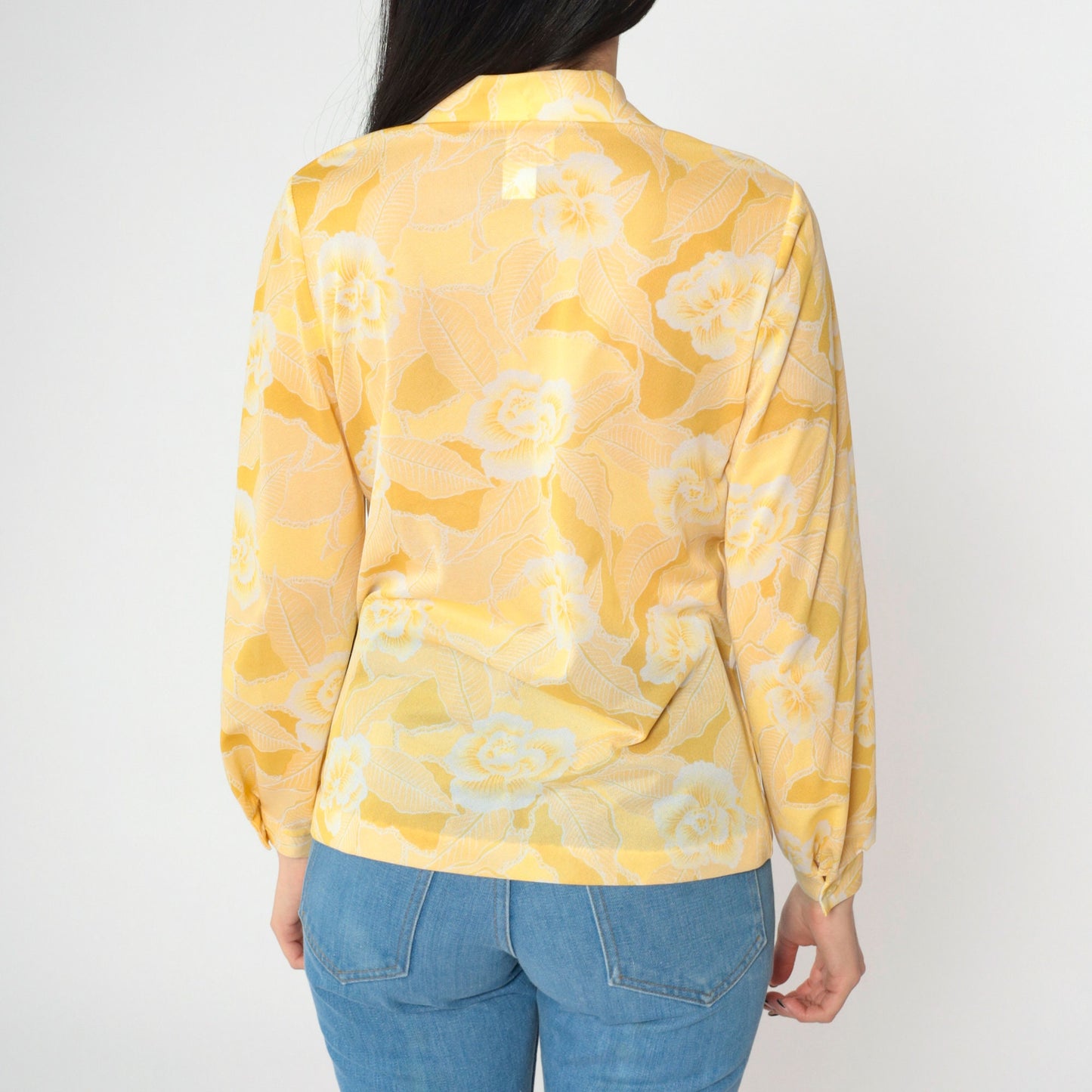 70s Floral Button-Up Shirt Yellow Flower Print Long Sleeve Medium