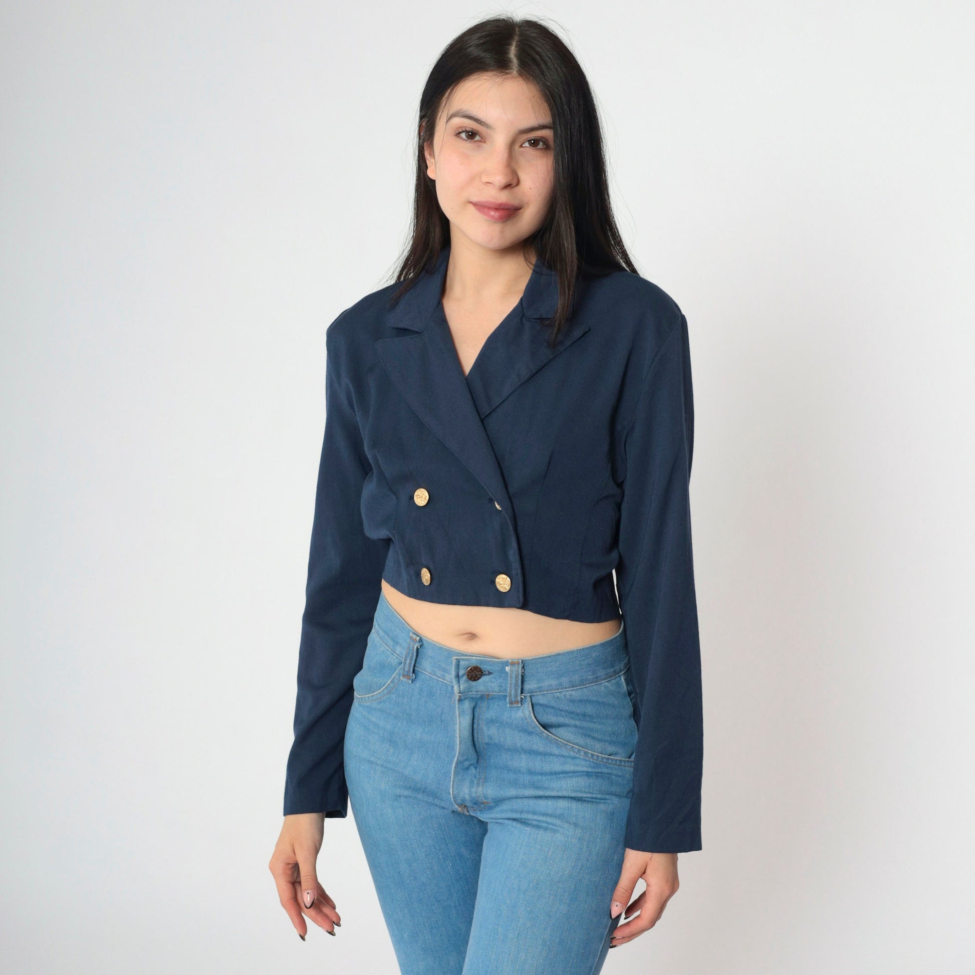 90s Navy Cropped Blazer Double-Breasted Gold Buttons Long Sleeve Small