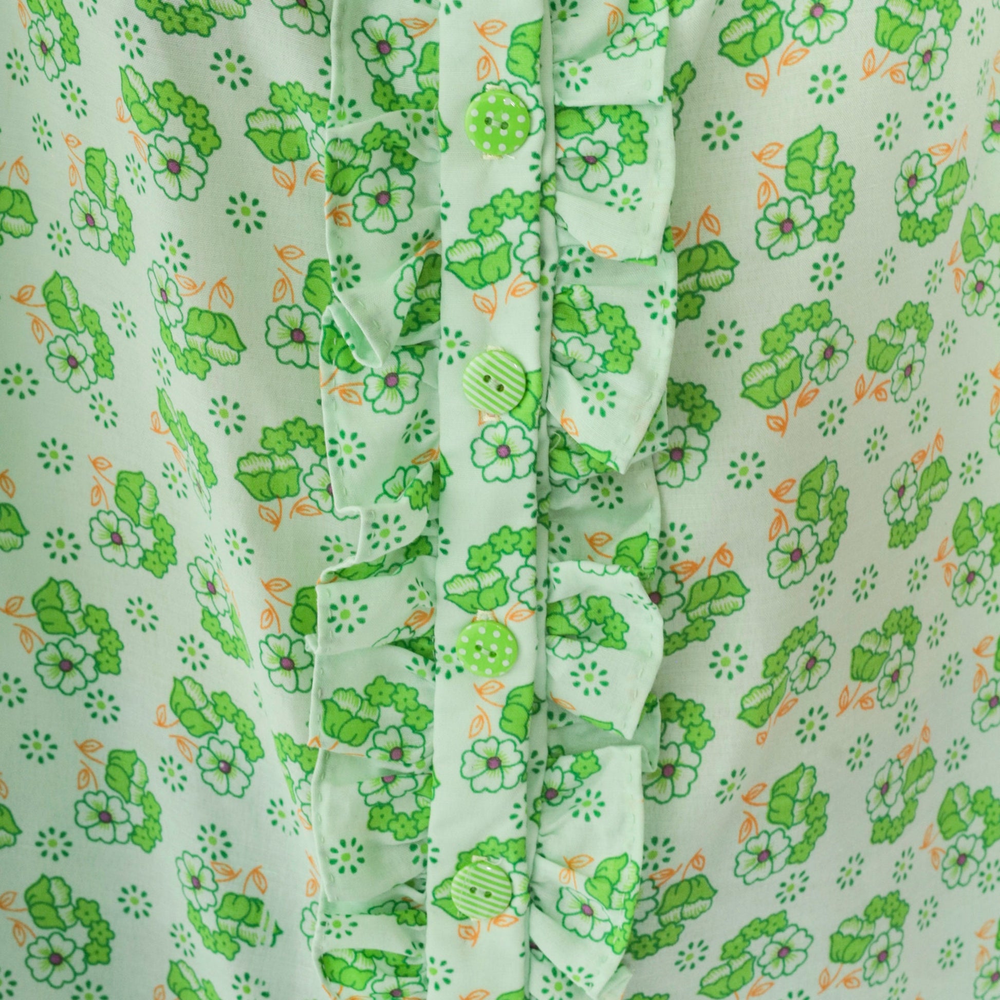 70s Floral Green Tank Top Button-Up Ruffled Sleeveless Blouse Extra Large XL