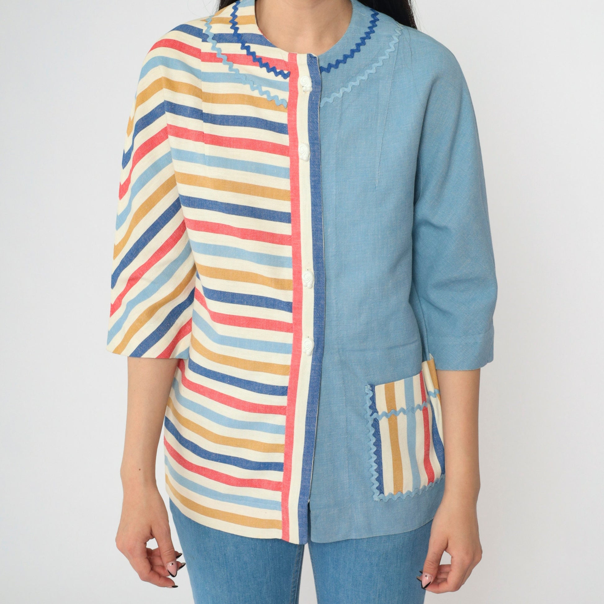 60s Striped Button-Up Blouse Blue Multicolor Rickrack Trim Pocket Small S