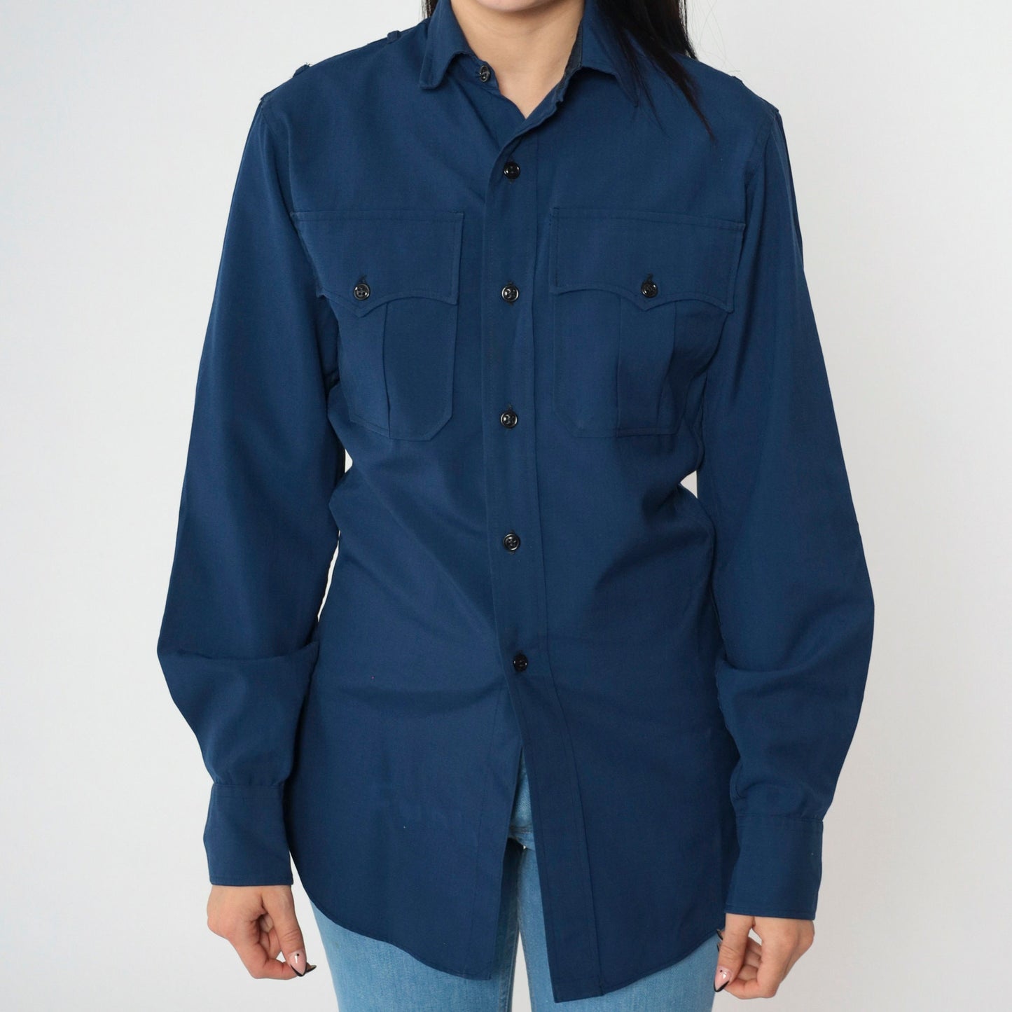 70s Wide Awake Navy Wool Blend Work Shirt Long Sleeve Button-Up XS