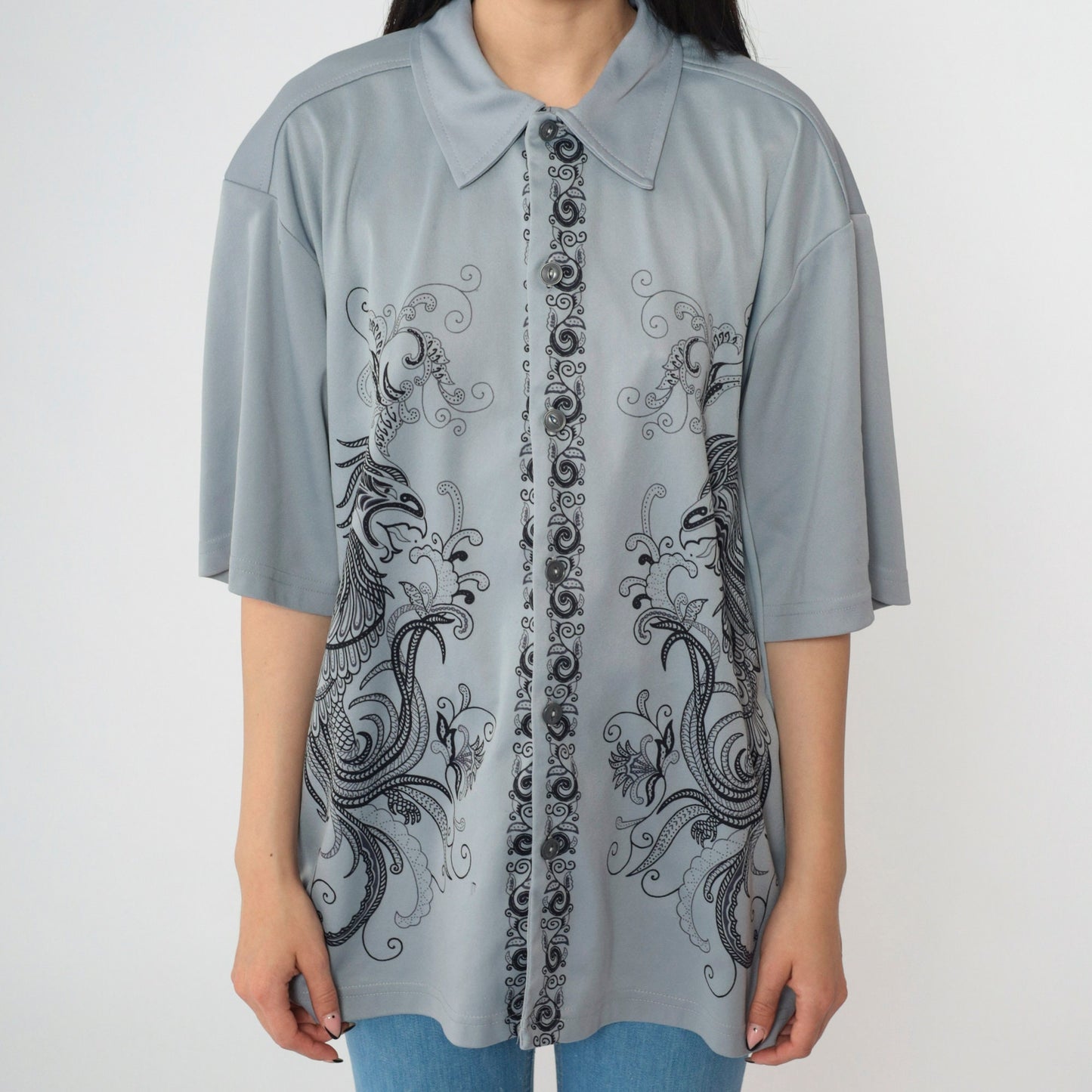 Y2K Dragon Print Button-Up Shirt Grey Short Sleeve Extra Large XXL