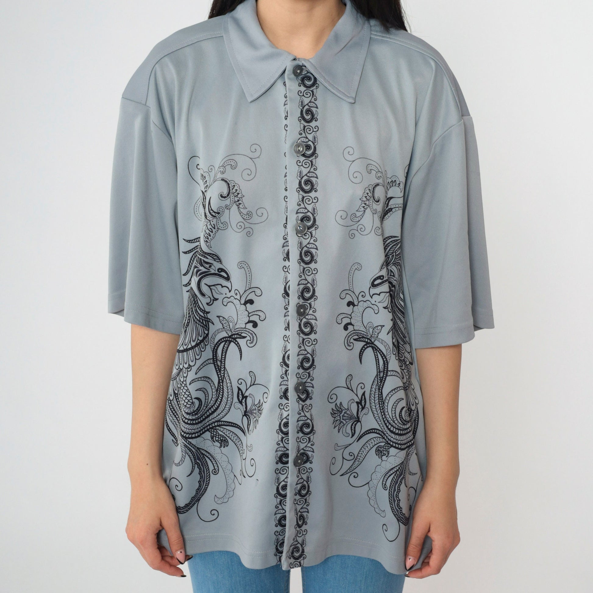 Y2K Dragon Print Button-Up Shirt Grey Short Sleeve Extra Large XXL