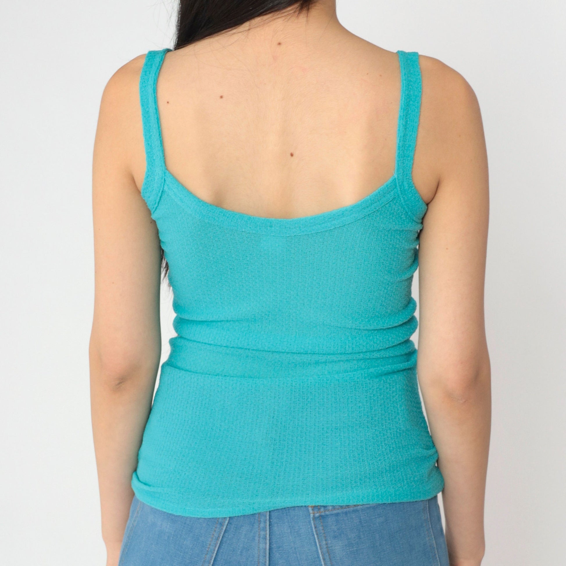 70s Turquoise Knit Tank Top Square Neck Spaghetti Strap Fitted Cami Small