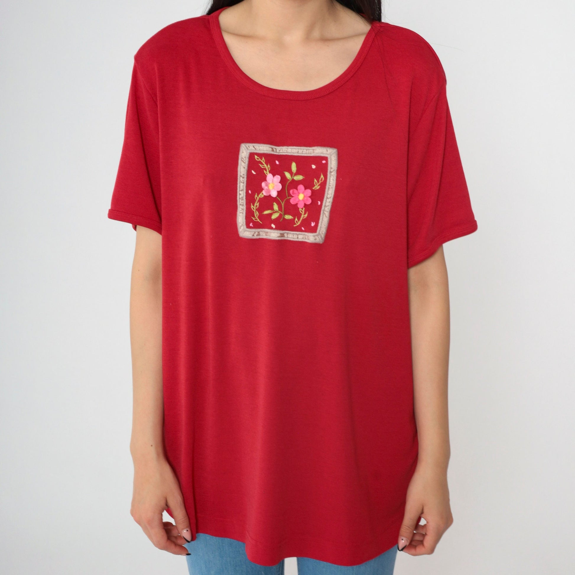 Y2K Floral Embroidered T-Shirt Red Graphic Tee Short Sleeve Extra Large XL