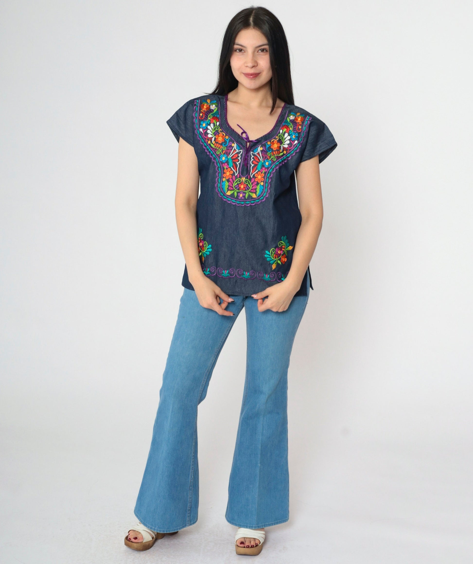 Y2K Chambray Embroidered Butterfly Floral Lace-Up Top Dark Blue Small