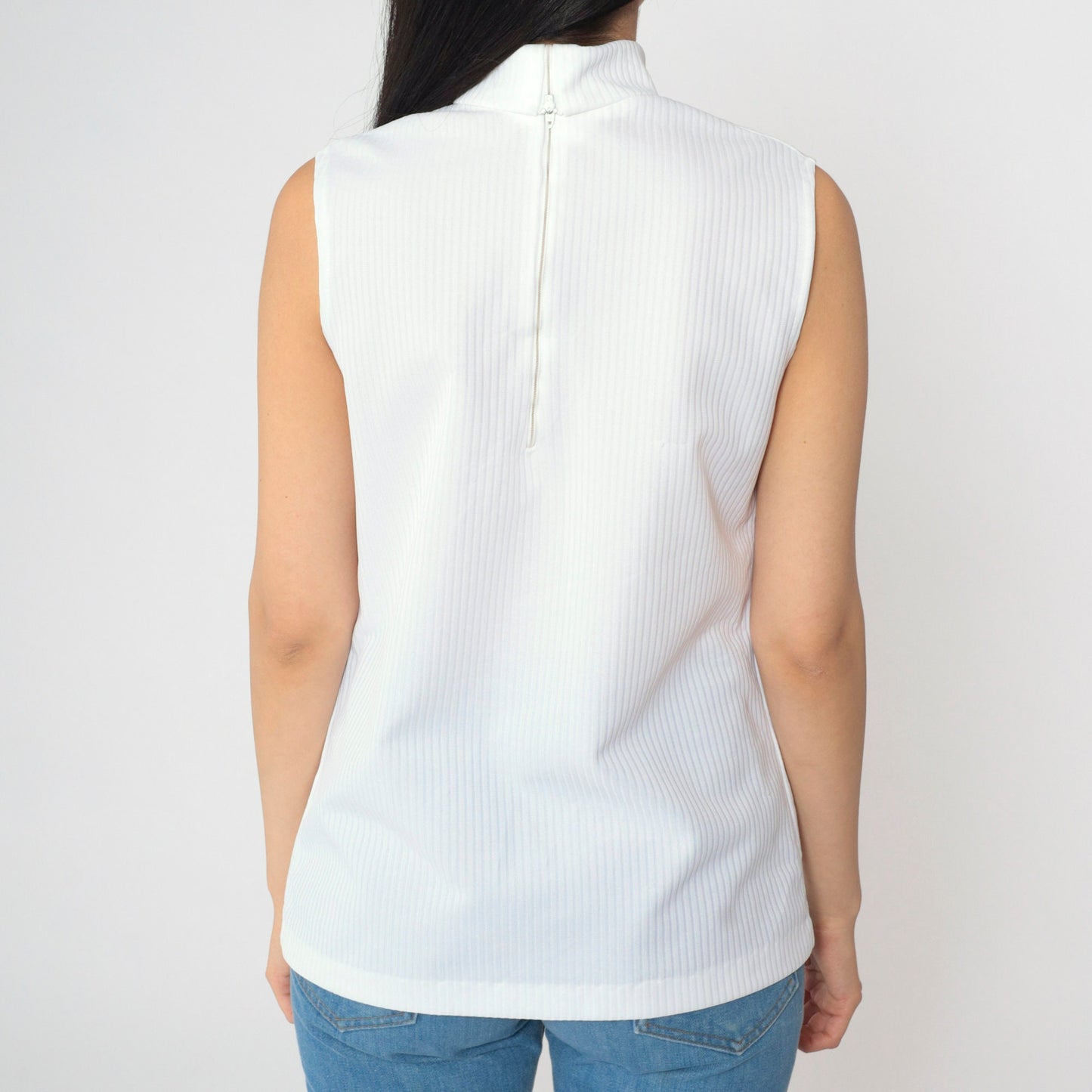 70s White Ribbed Polyester Sleeveless Turtleneck Tank Small