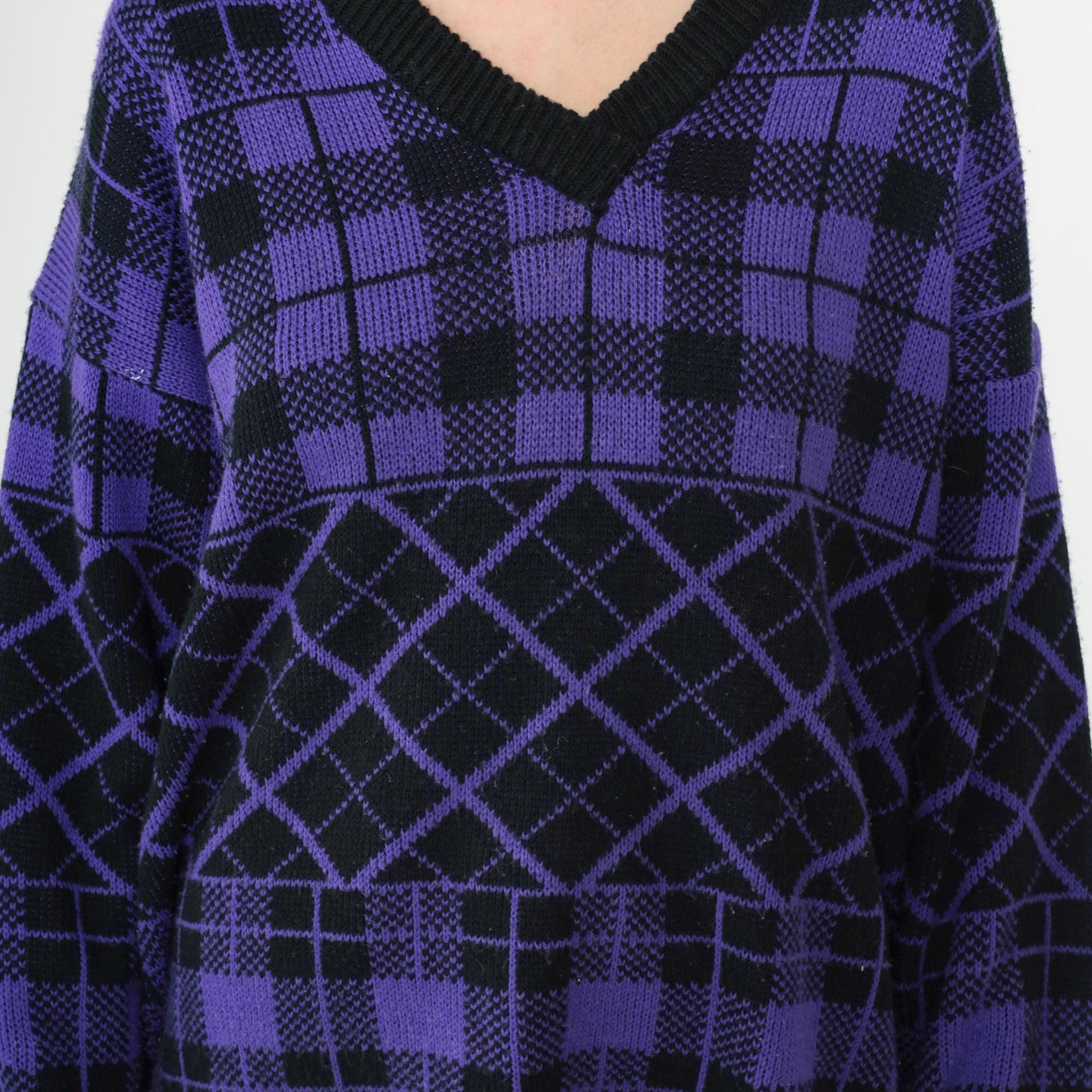 90s Purple Black Checkered Sweater V Neck Knit Pullover Plus Size XXL