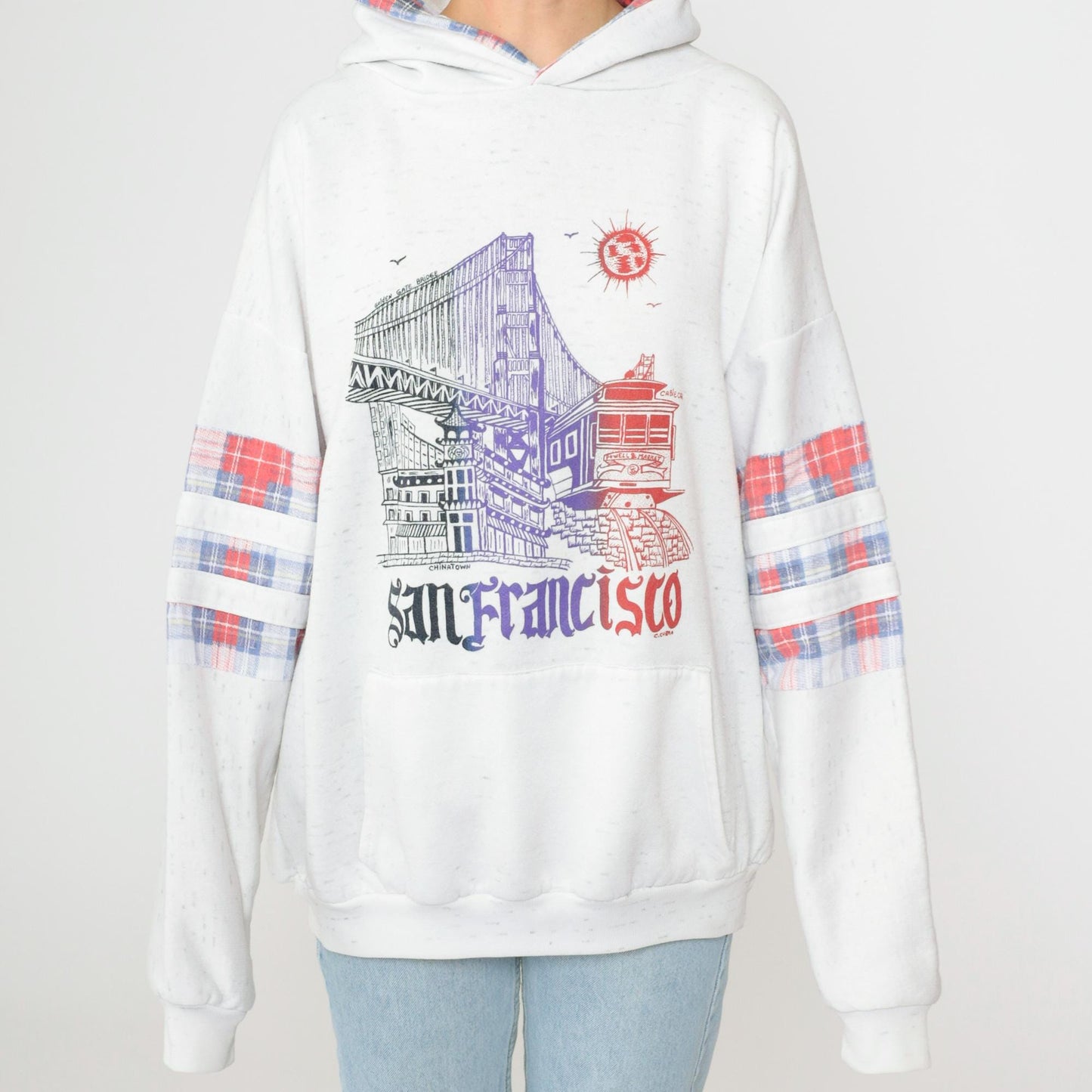 90s San Francisco Chinatown Golden Gate Bridge Hoodie Heather White Extra Large