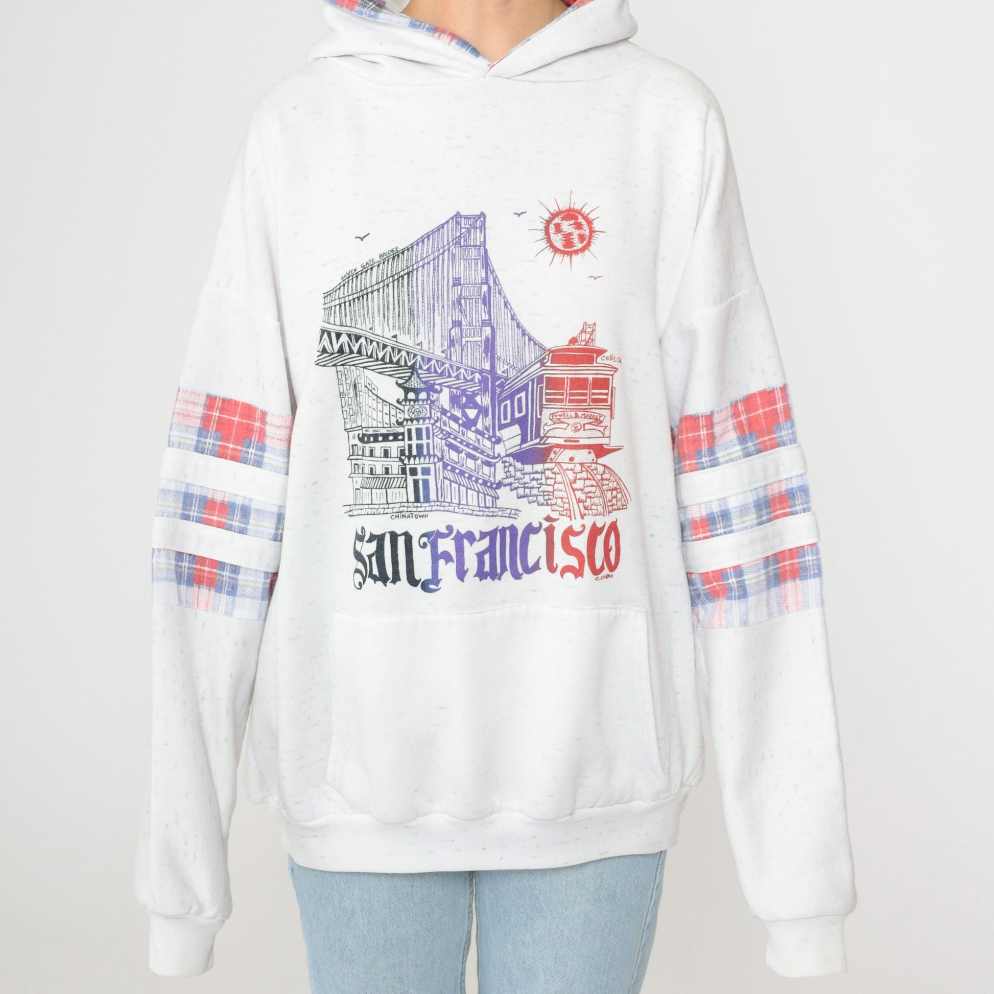 90s San Francisco Chinatown Golden Gate Bridge Hoodie Heather White Extra Large