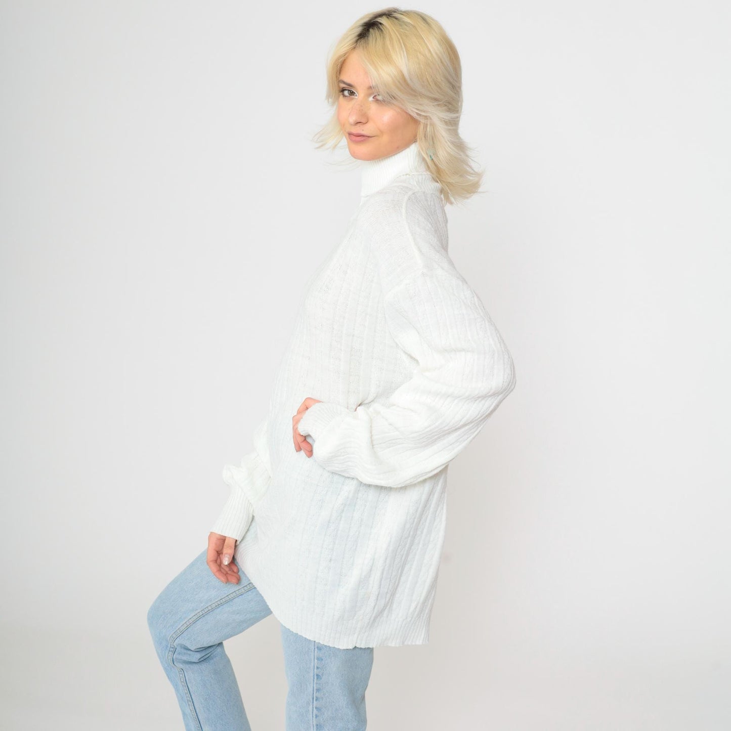 80s White Cable Knit Turtleneck Sweater Pullover Extra Large Long